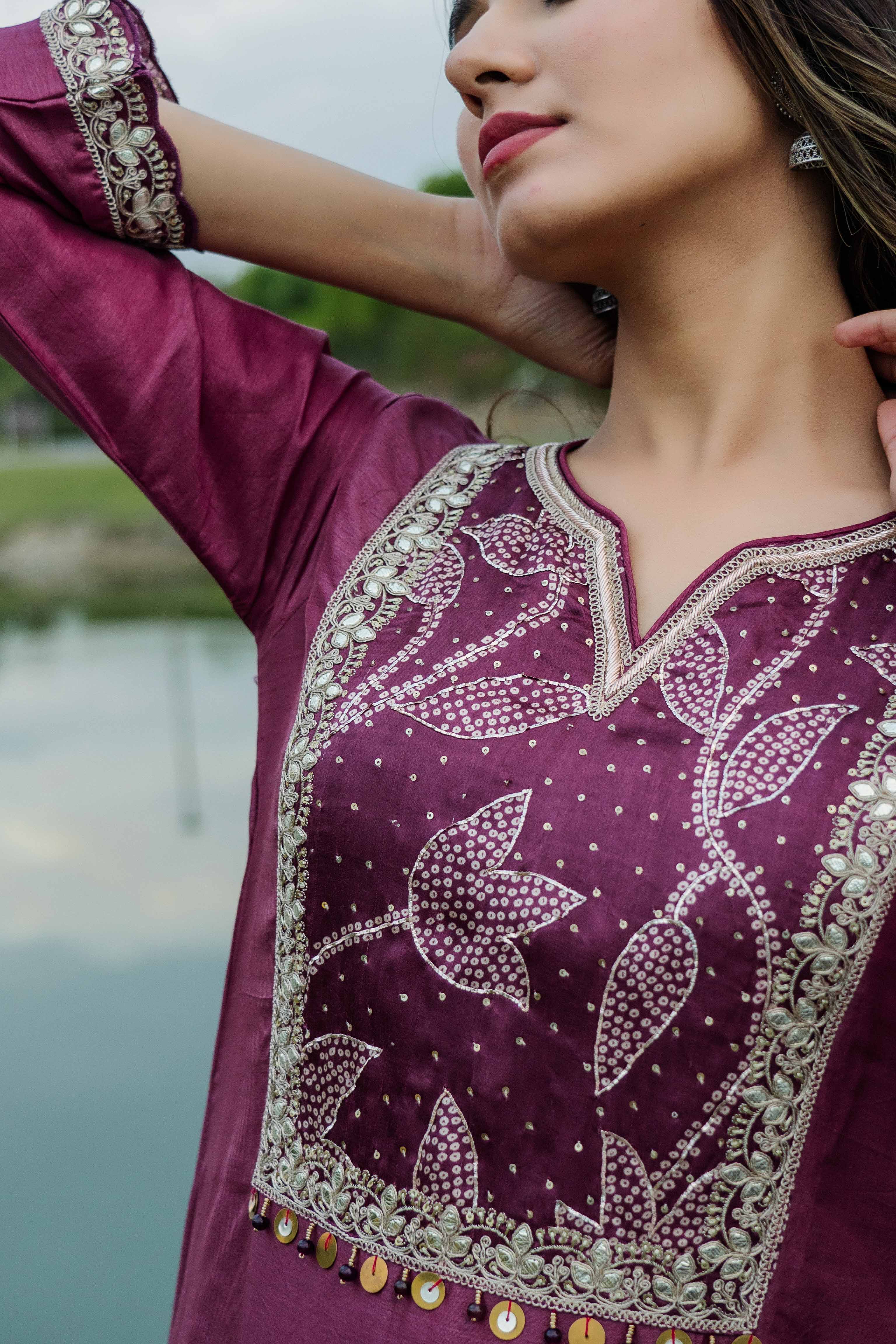 Maroon Gajji Silk Straight Fit Kurti Set with Dupatta