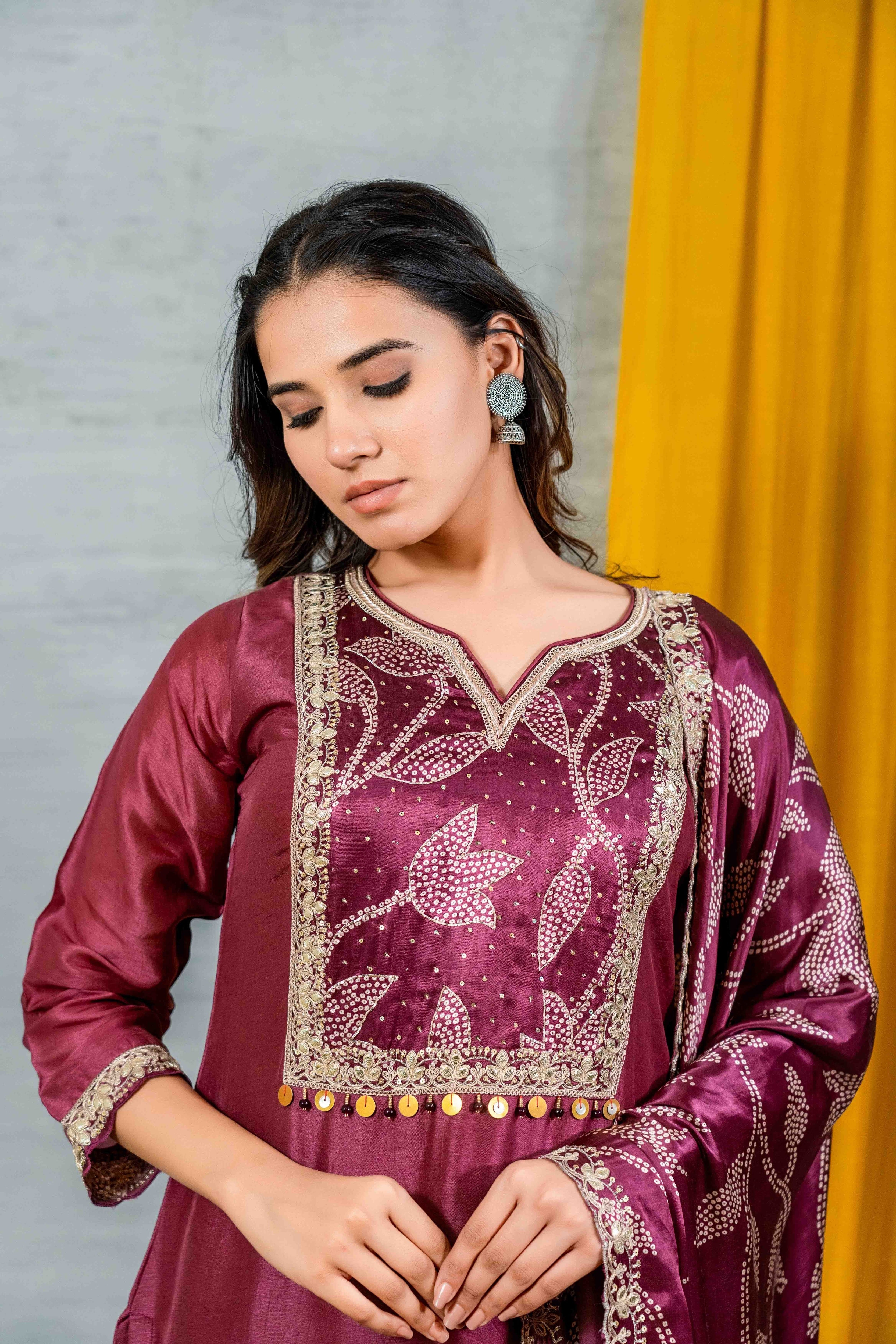 Maroon Gajji Silk Straight Fit Kurti Set with Dupatta