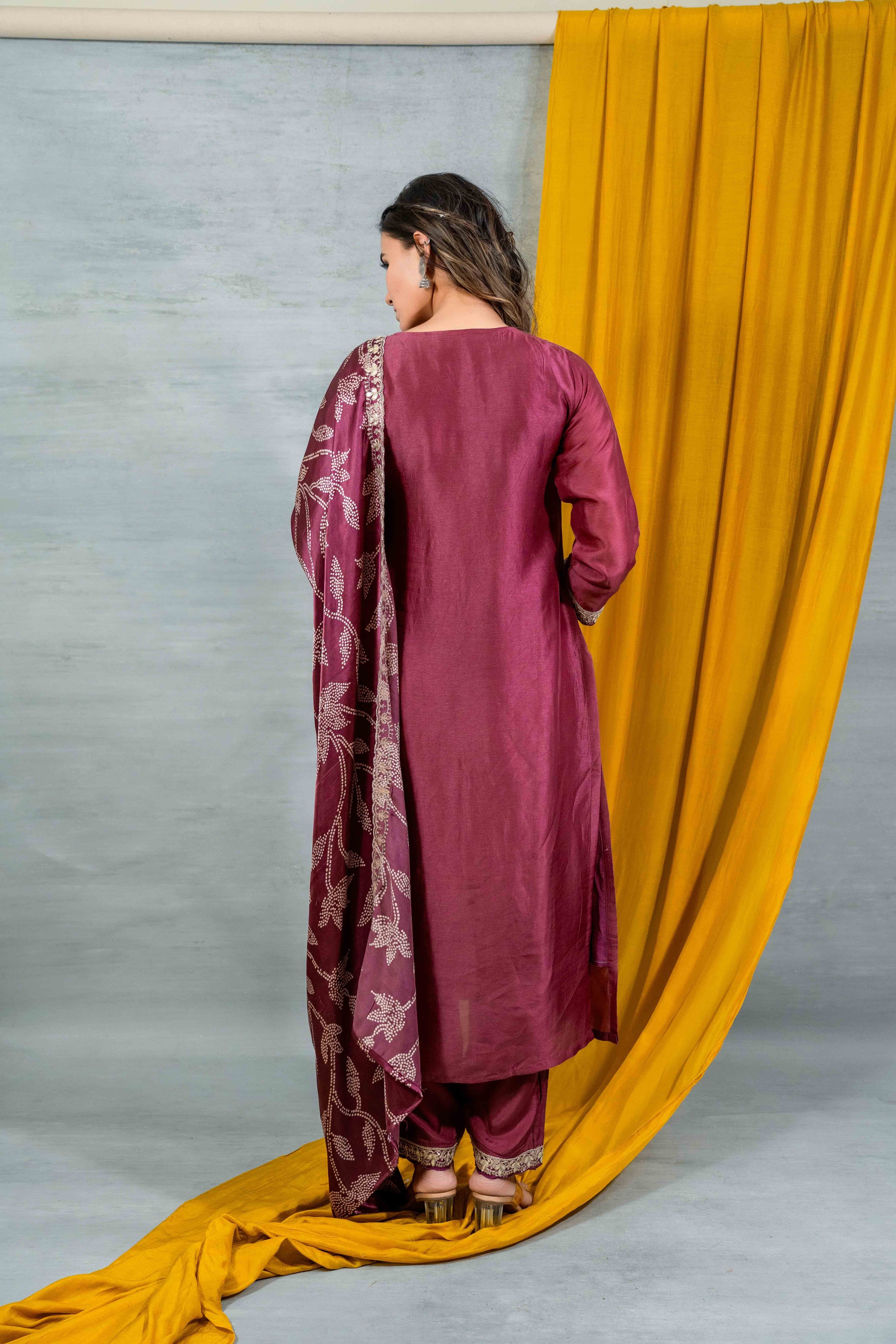 Maroon Gajji Silk Straight Fit Kurti Set with Dupatta
