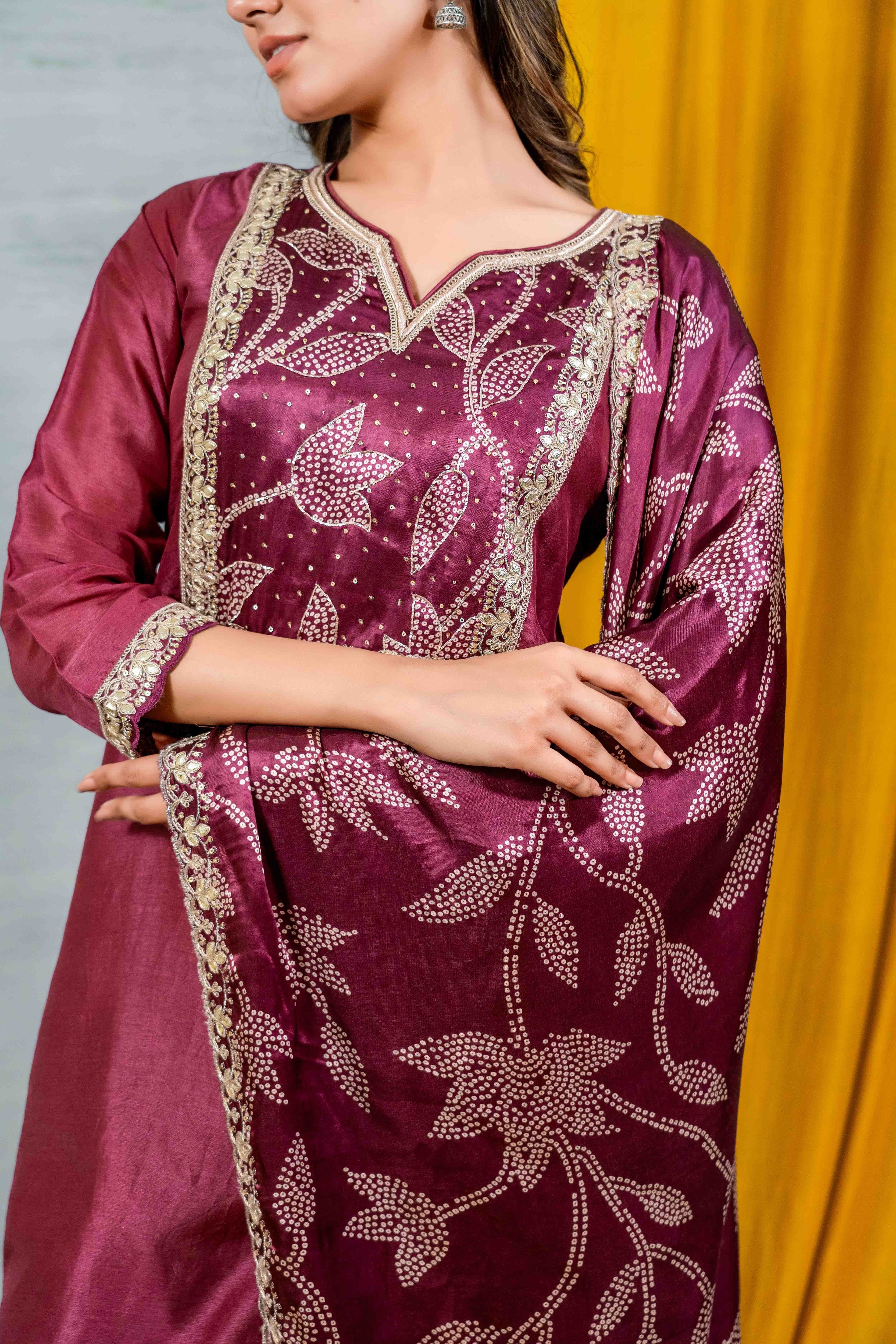Maroon Gajji Silk Straight Fit Kurti Set with Dupatta