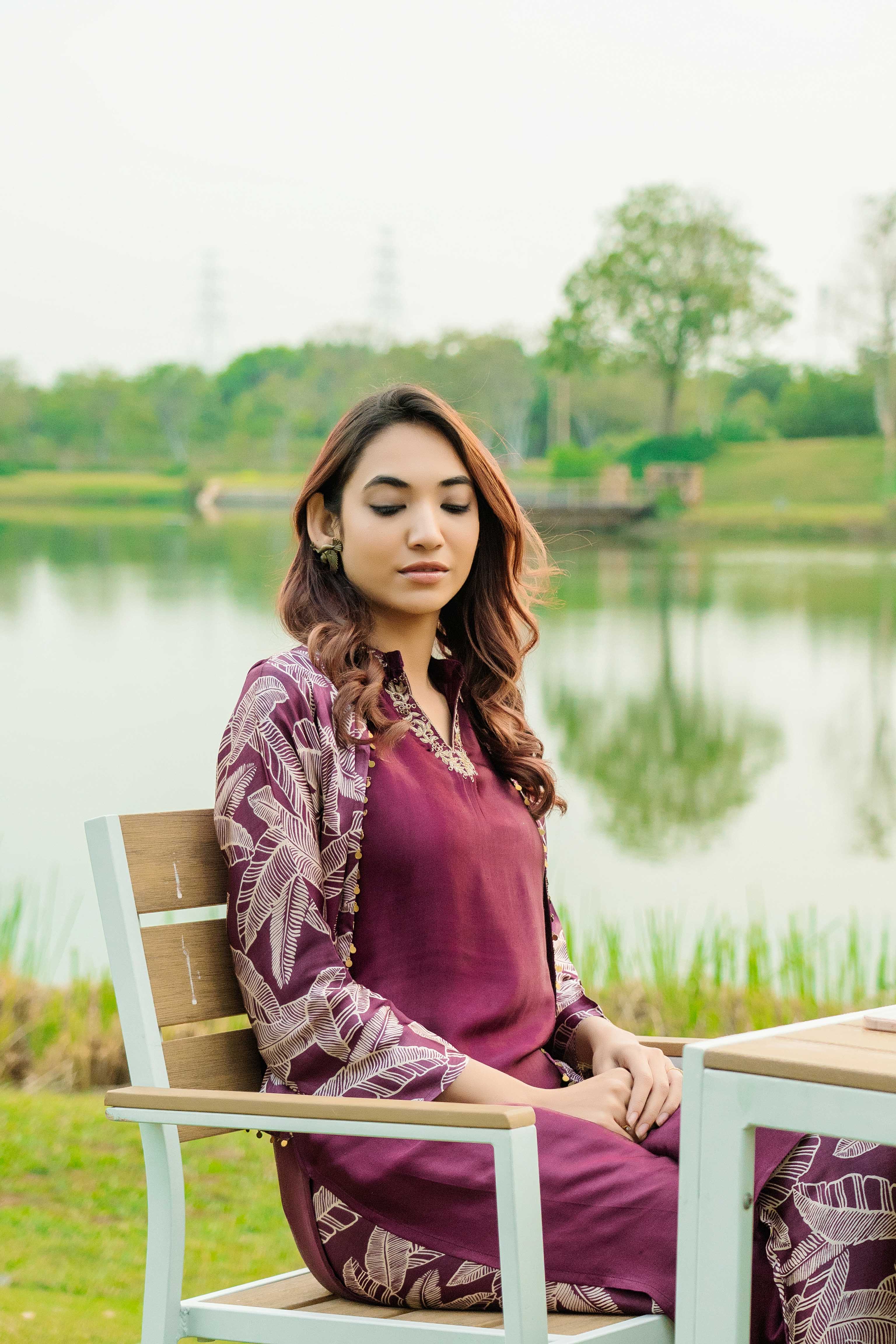 Maroon Jacket Style Gaji Silk Kurta Set for Women