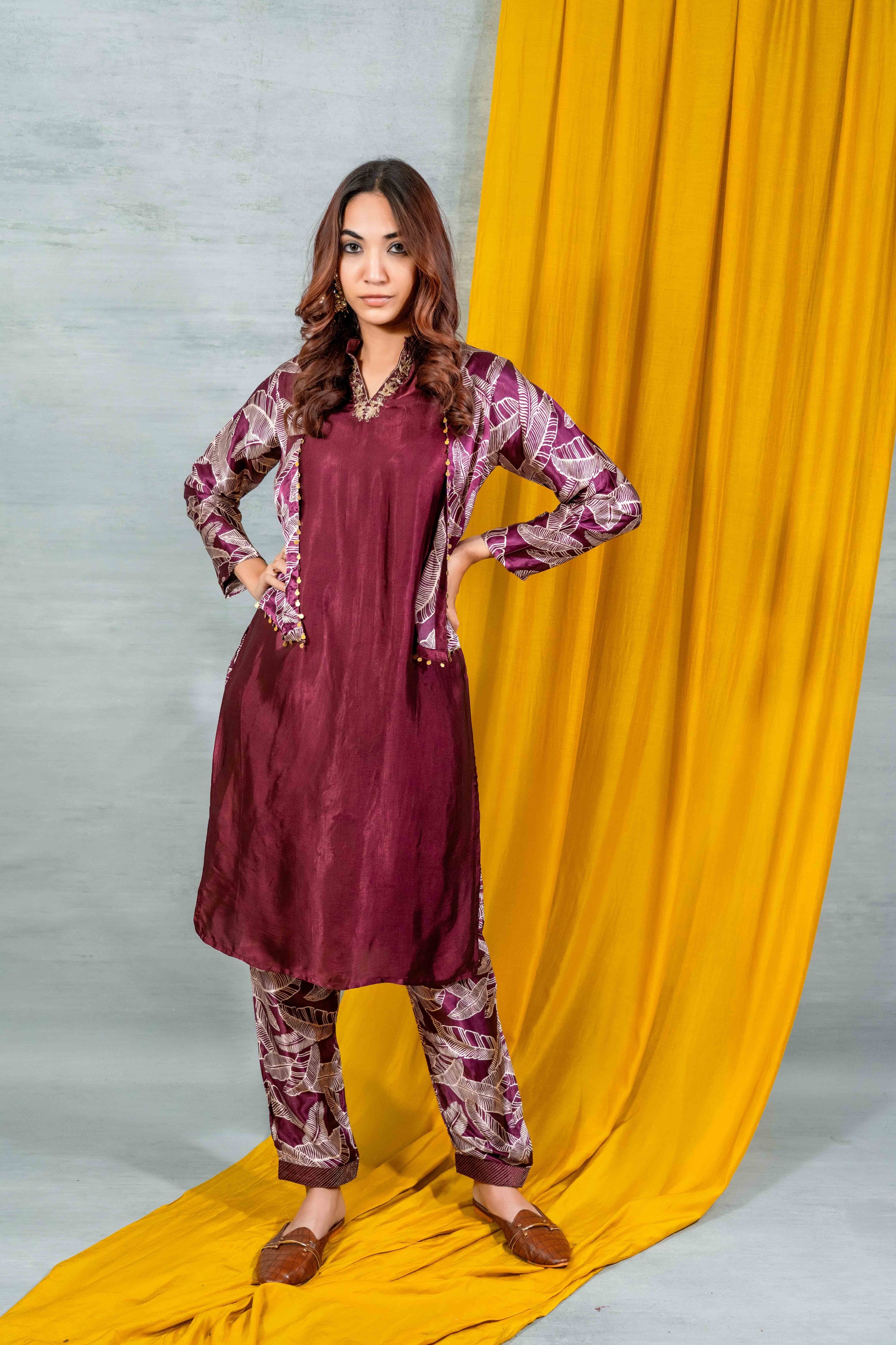 Maroon Jacket Style Gaji Silk Kurta Set for Women