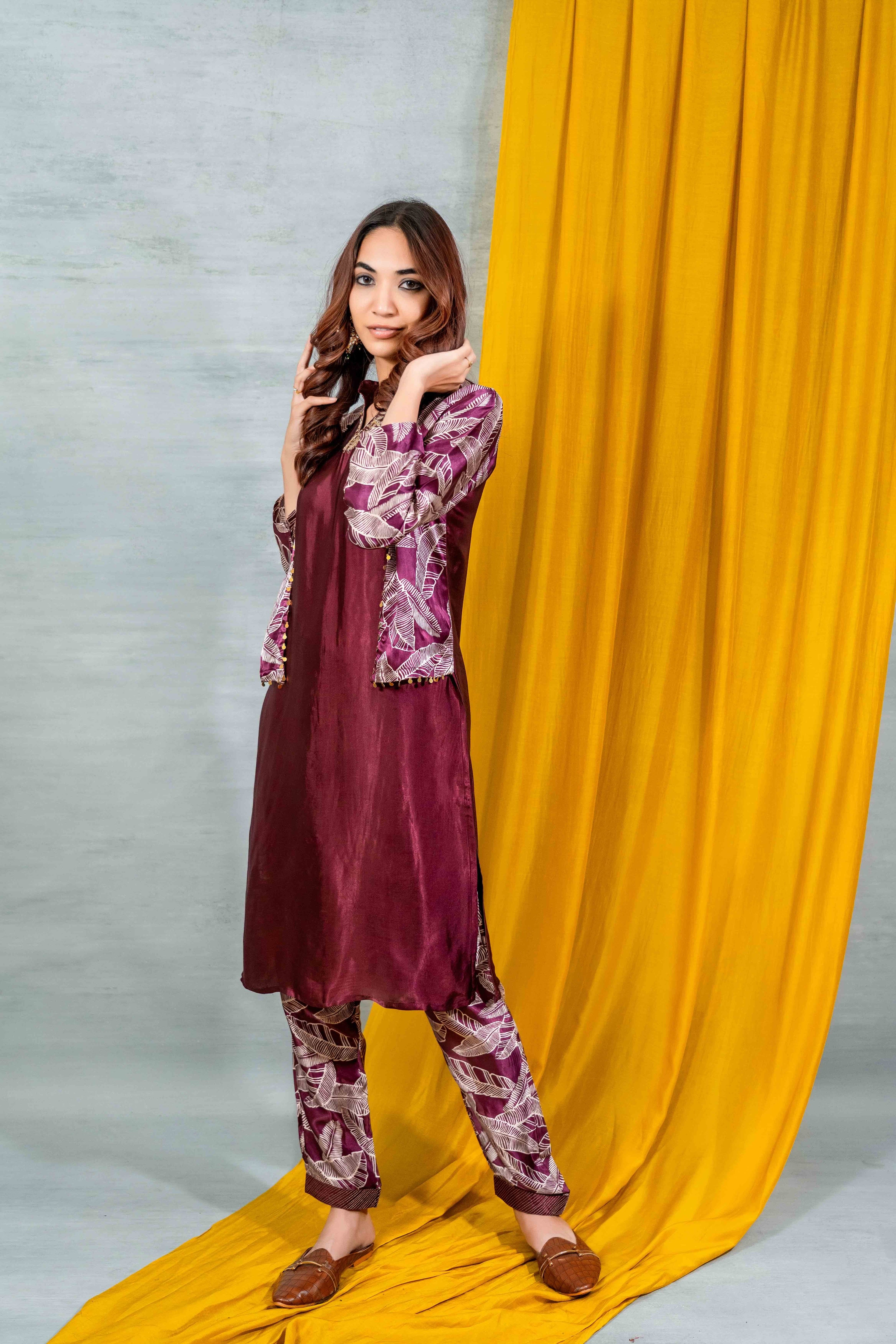 Maroon Jacket Style Gaji Silk Kurta Set for Women