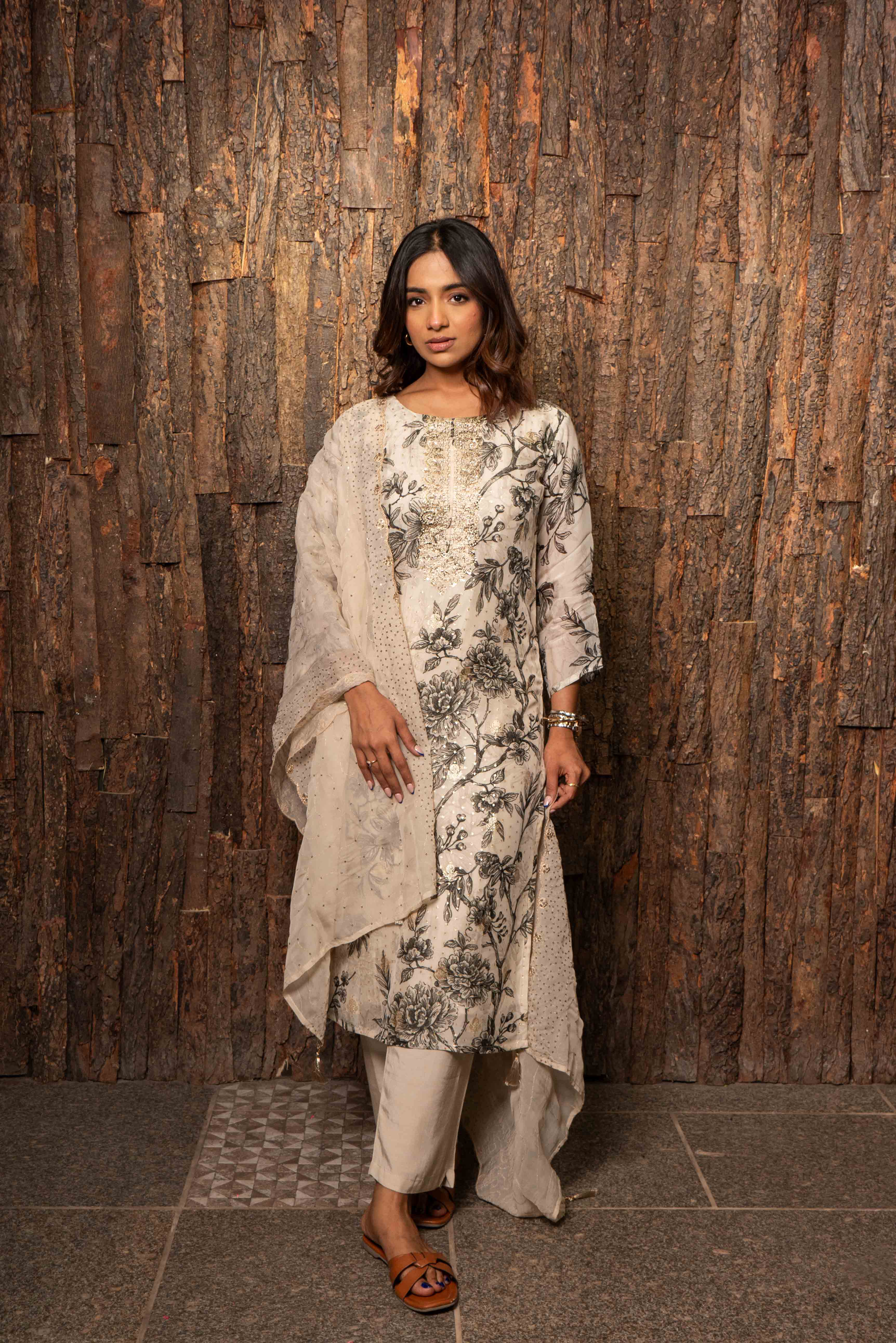 Monochrome Organza Kurti Pant set with Dupatta