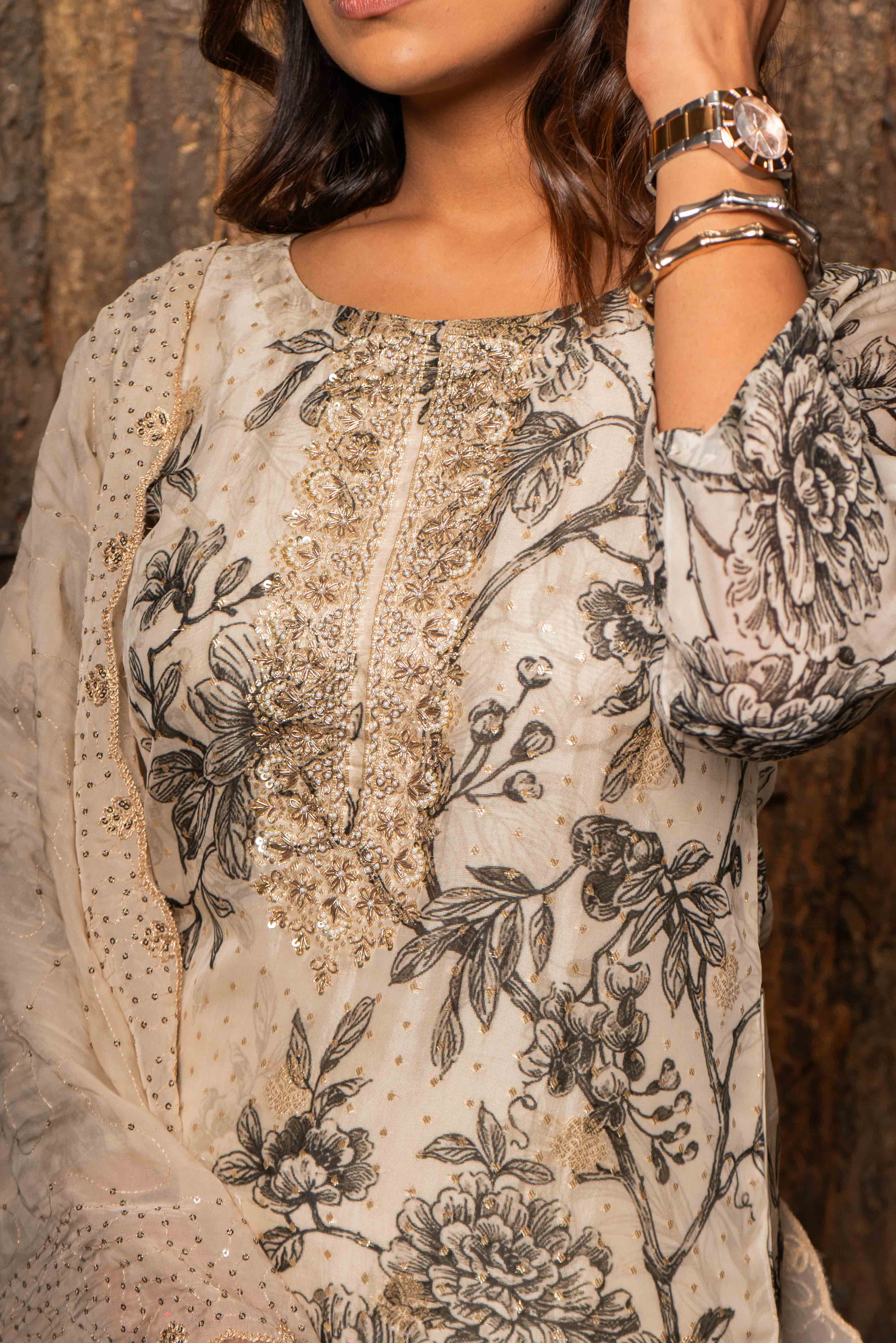 Monochrome Organza Kurti Pant set with Dupatta