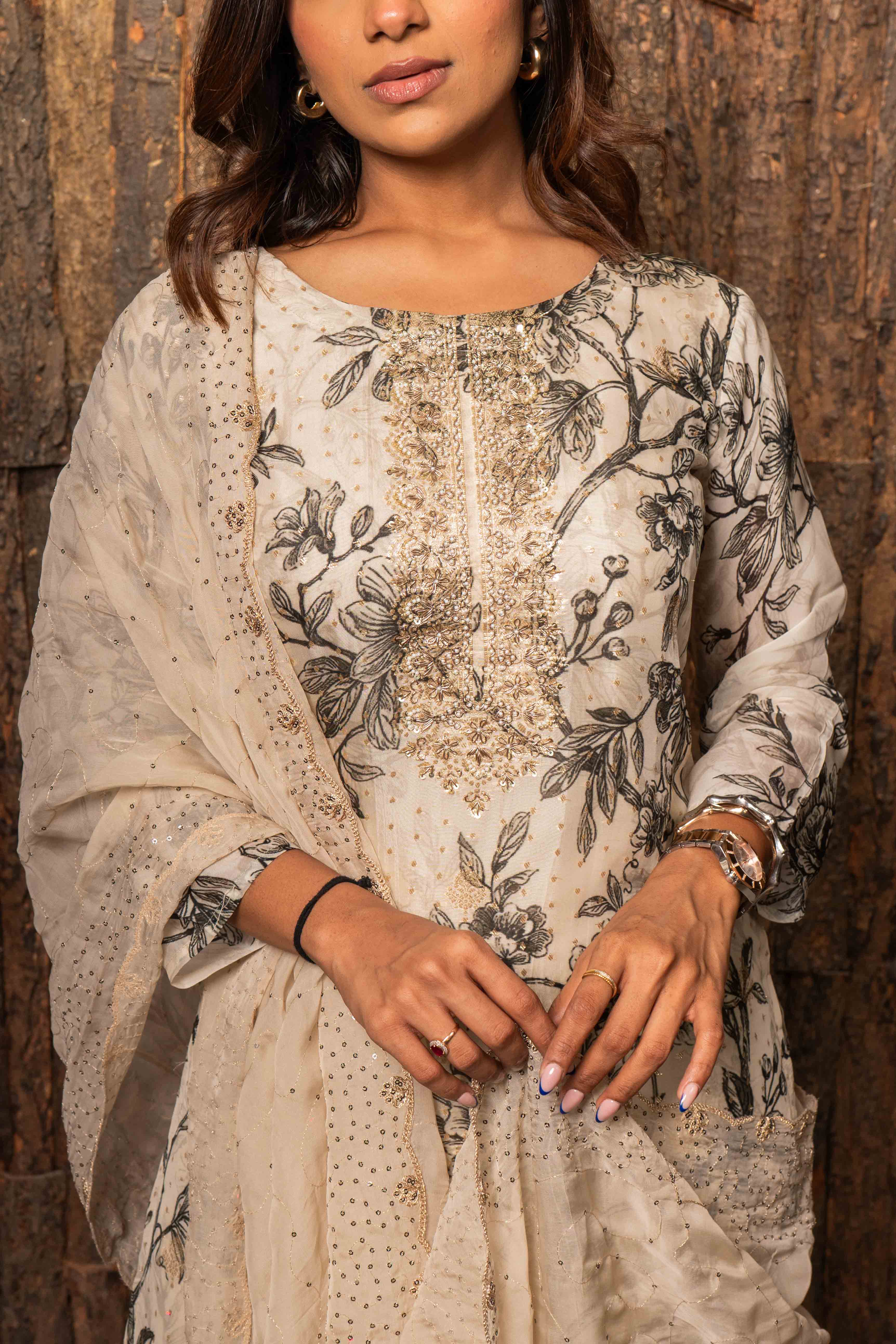 Monochrome Organza Kurti Pant set with Dupatta