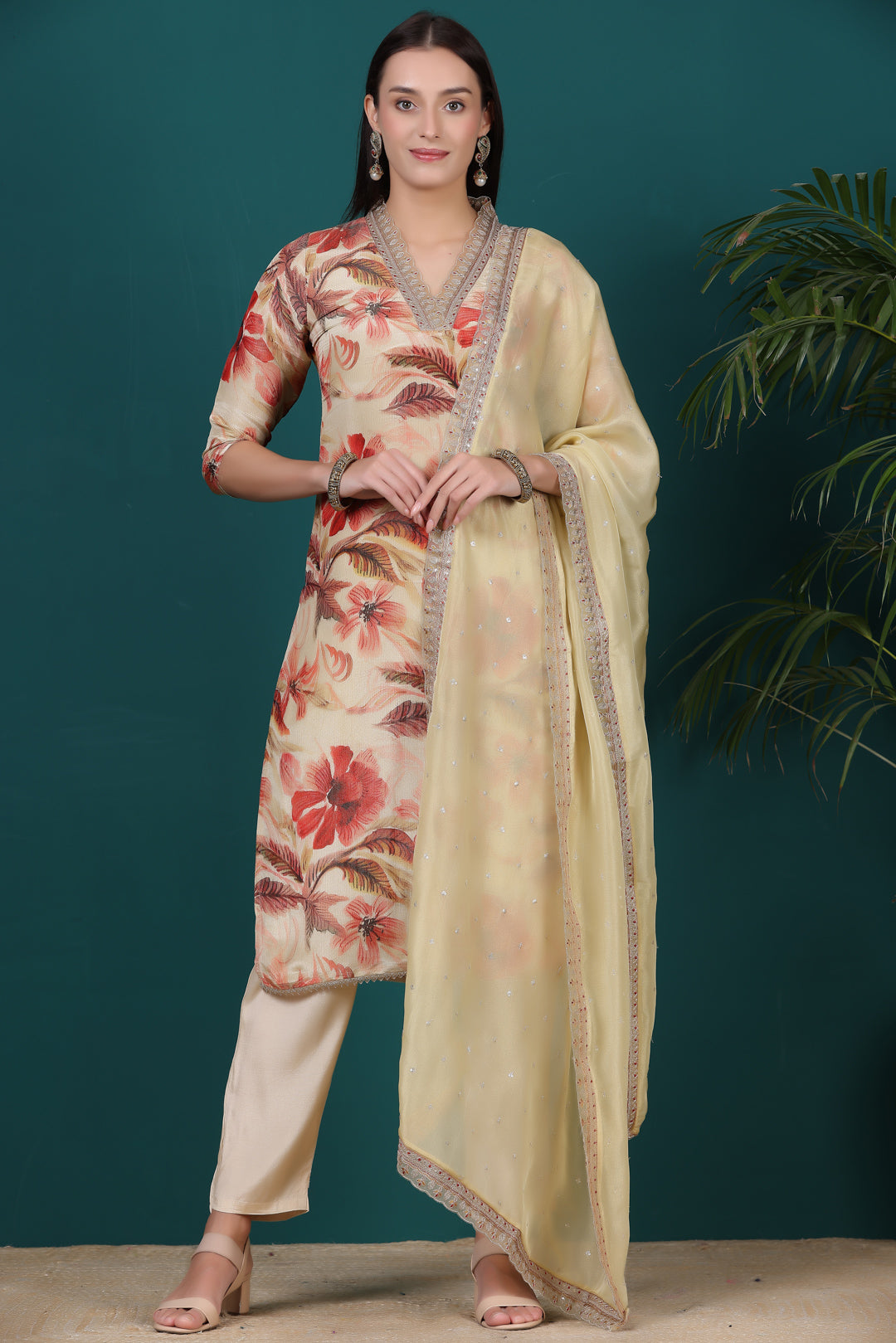 Nude Floral Tissue Kurti Pant set with Dupatta