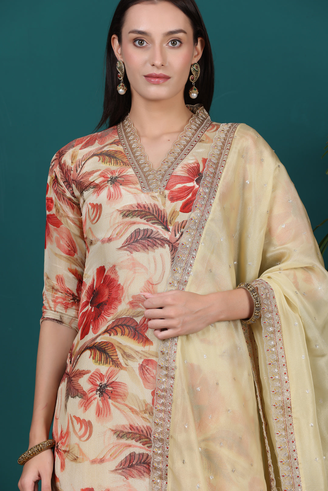 Nude Floral Tissue Kurti Pant set with Dupatta