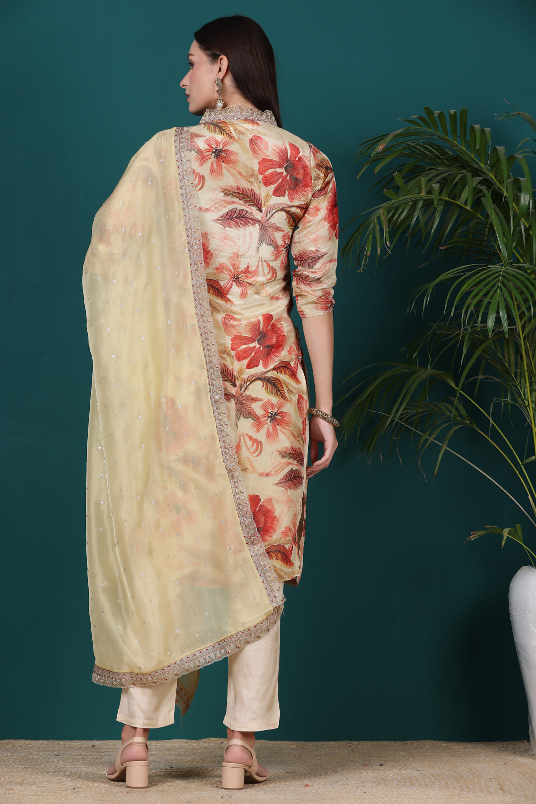 Nude Floral Tissue Kurti Pant set with Dupatta