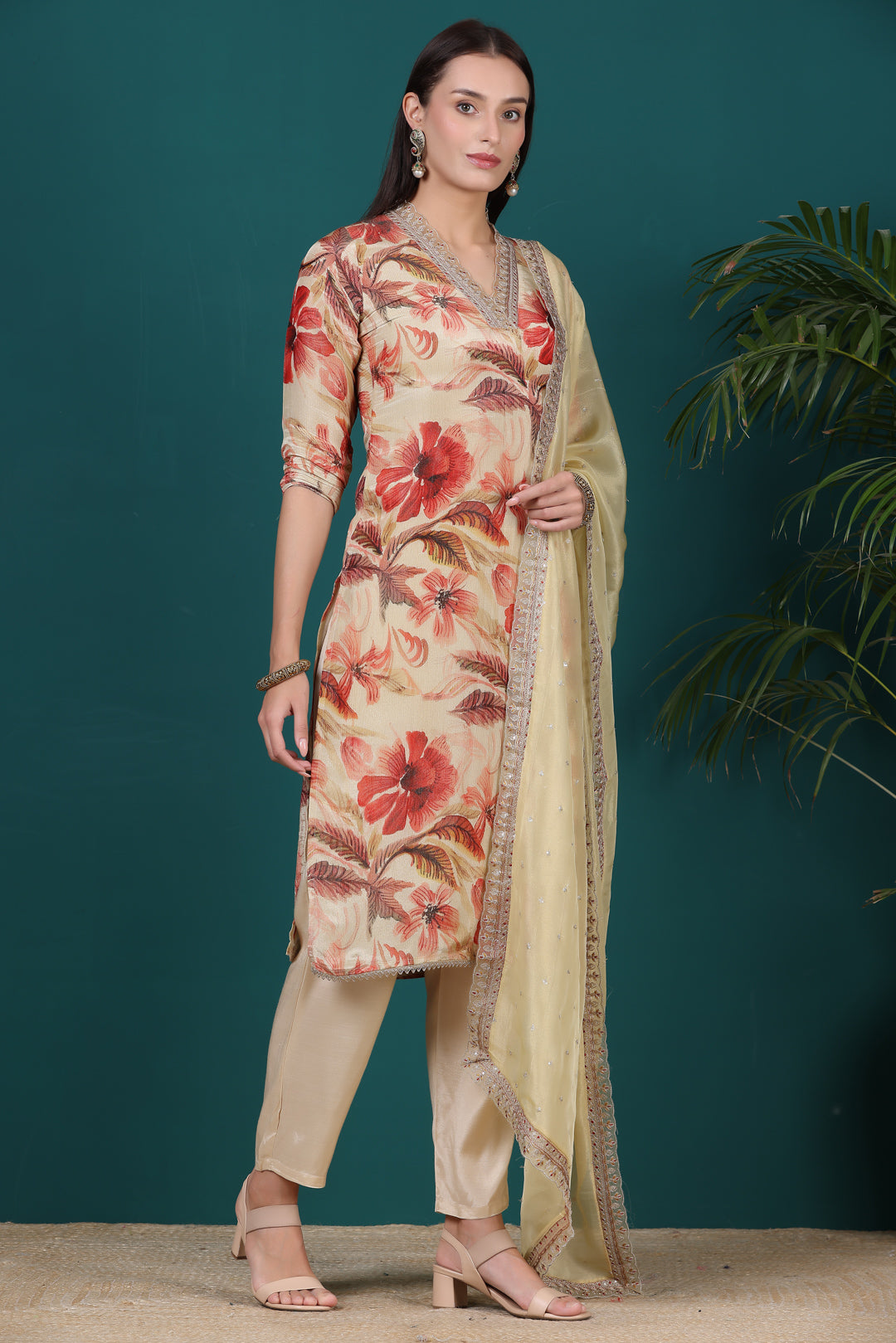 Nude Floral Tissue Kurti Pant set with Dupatta