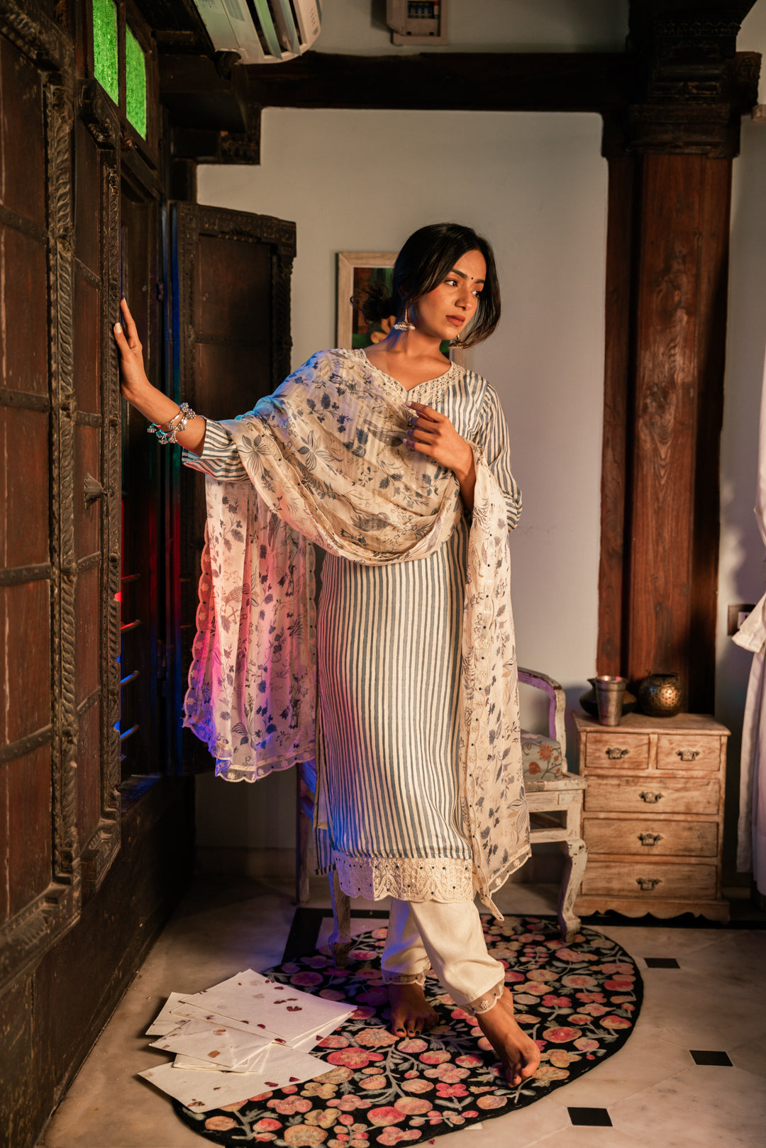 Pastel Blue Lining Kurti Pant set with Dupatta