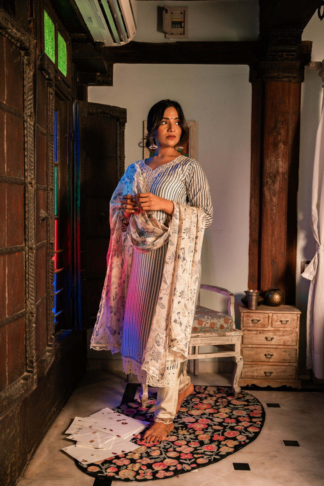 Pastel Blue Lining Kurti Pant set with Dupatta