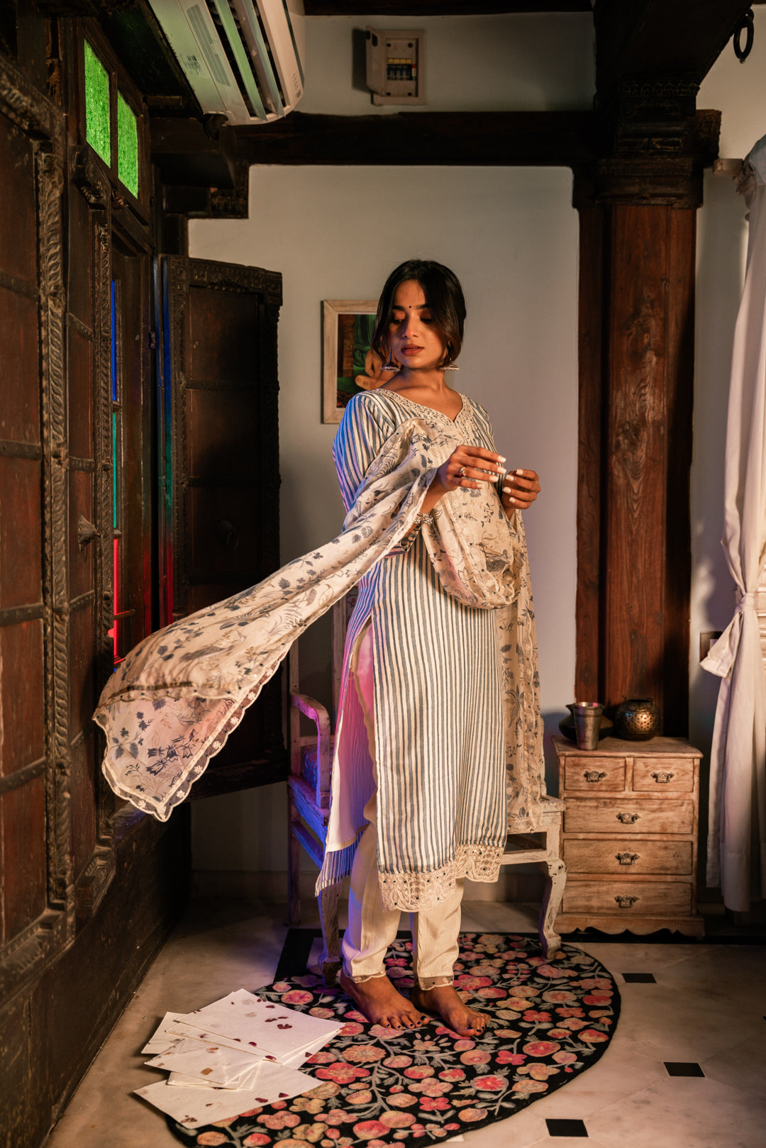 Pastel Blue Lining Kurti Pant set with Dupatta