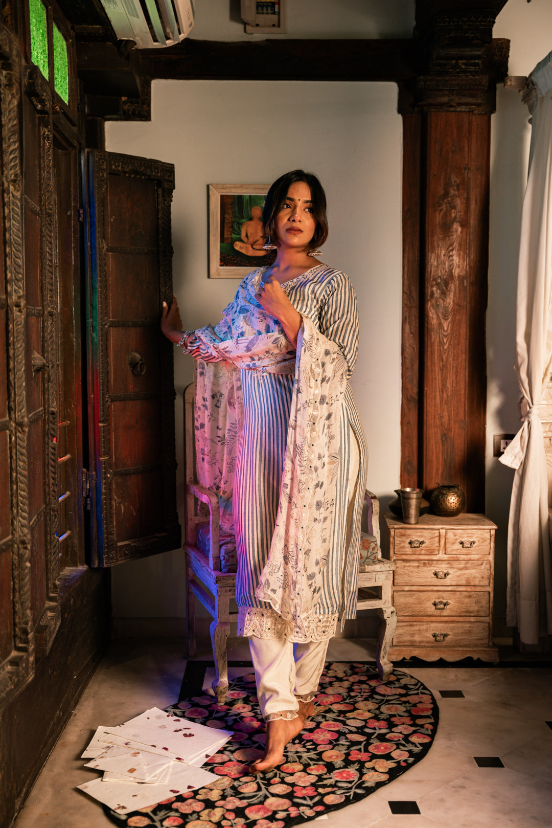 Pastel Blue Lining Kurti Pant set with Dupatta