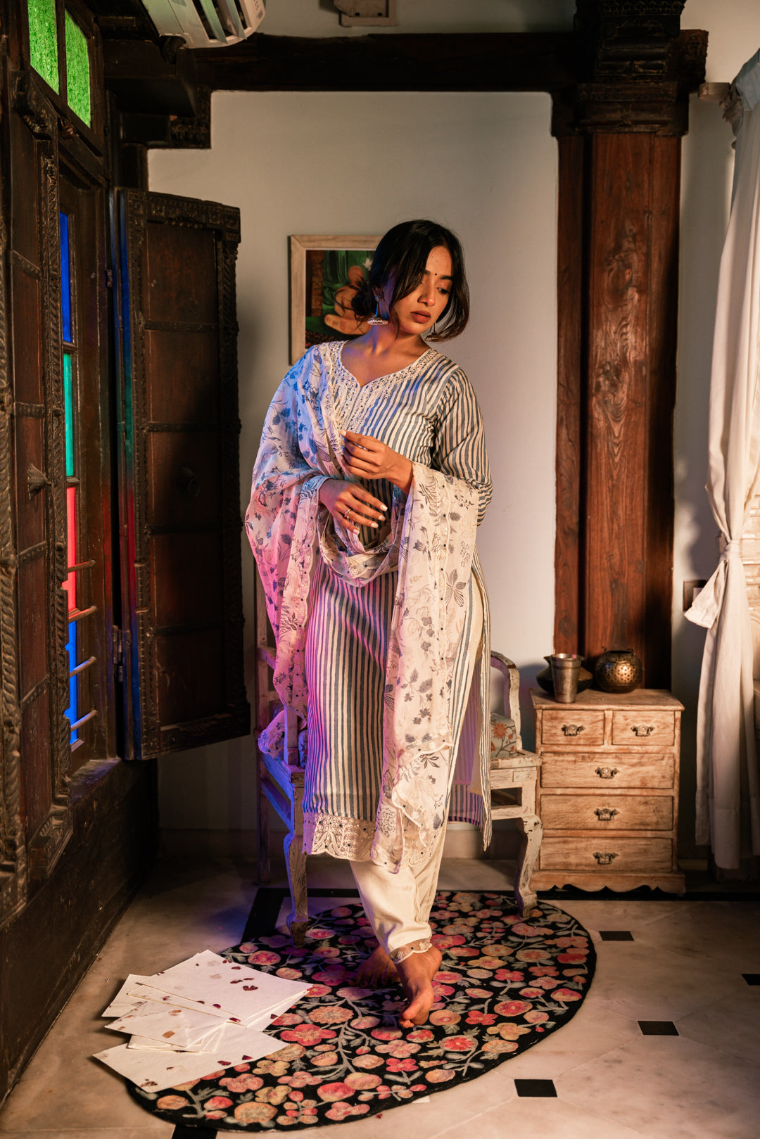 Pastel Blue Lining Kurti Pant set with Dupatta