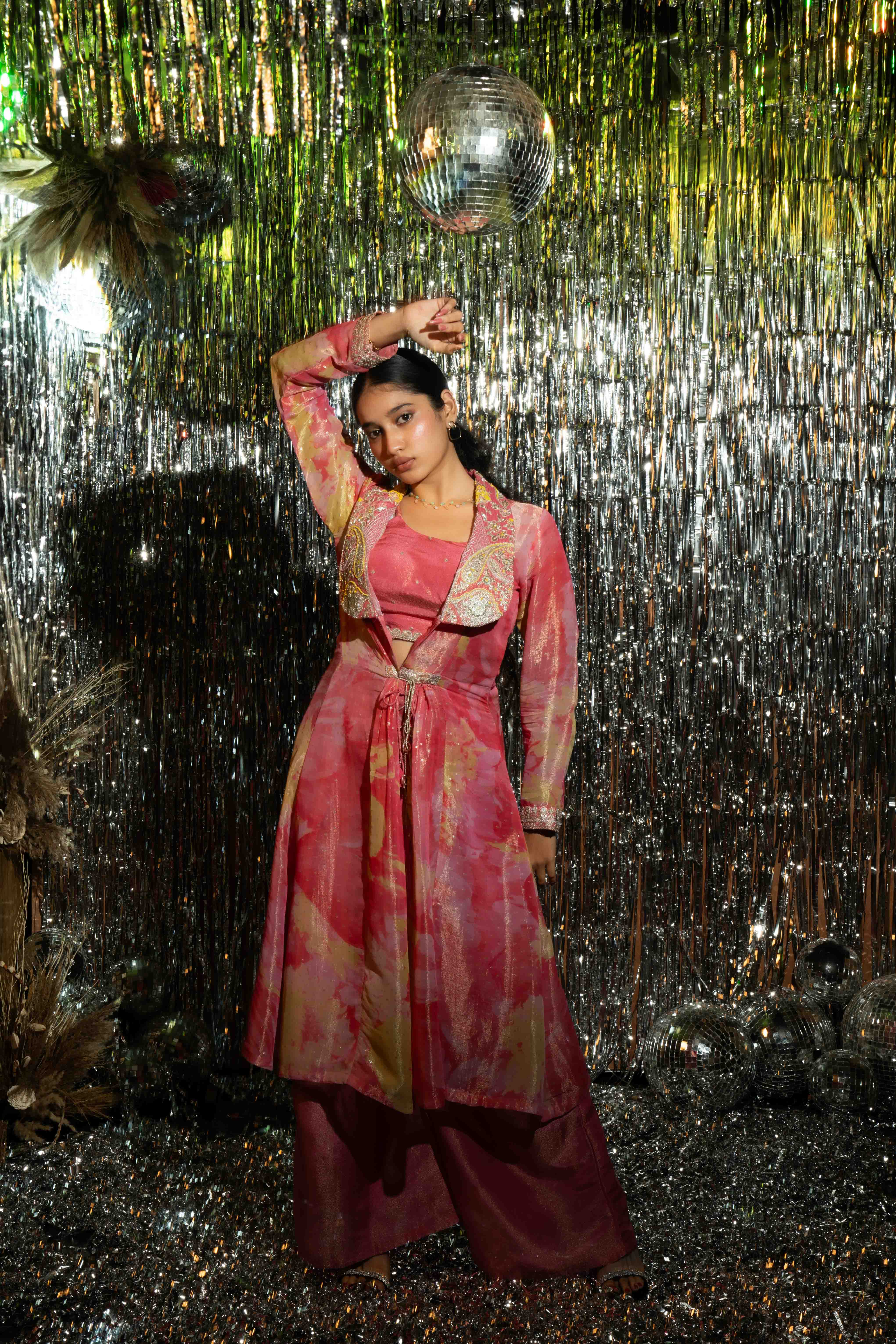 Pink Printed Tissue Indo Wesrern Jacket set for Women