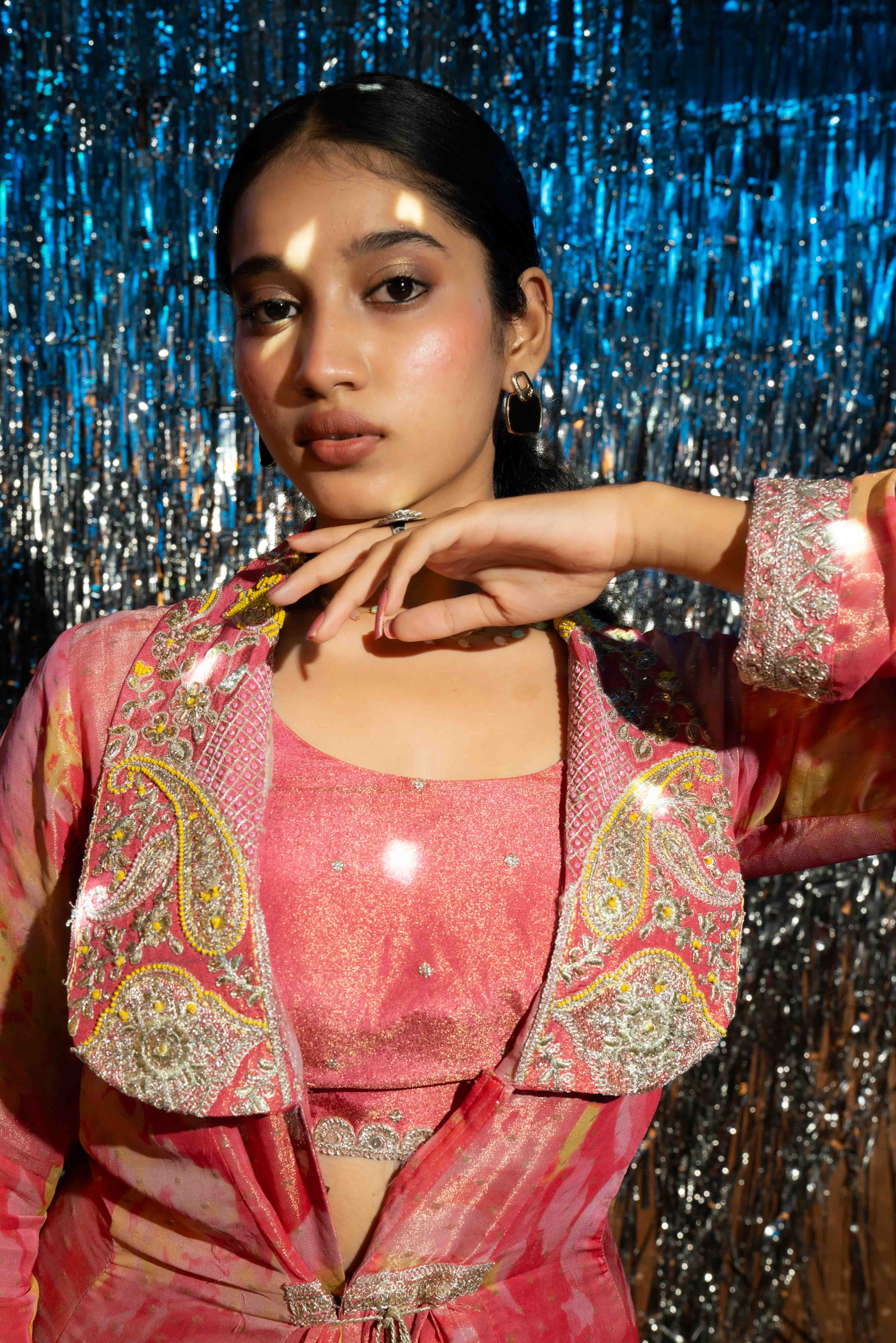 Pink Printed Tissue Indo Wesrern Jacket set for Women