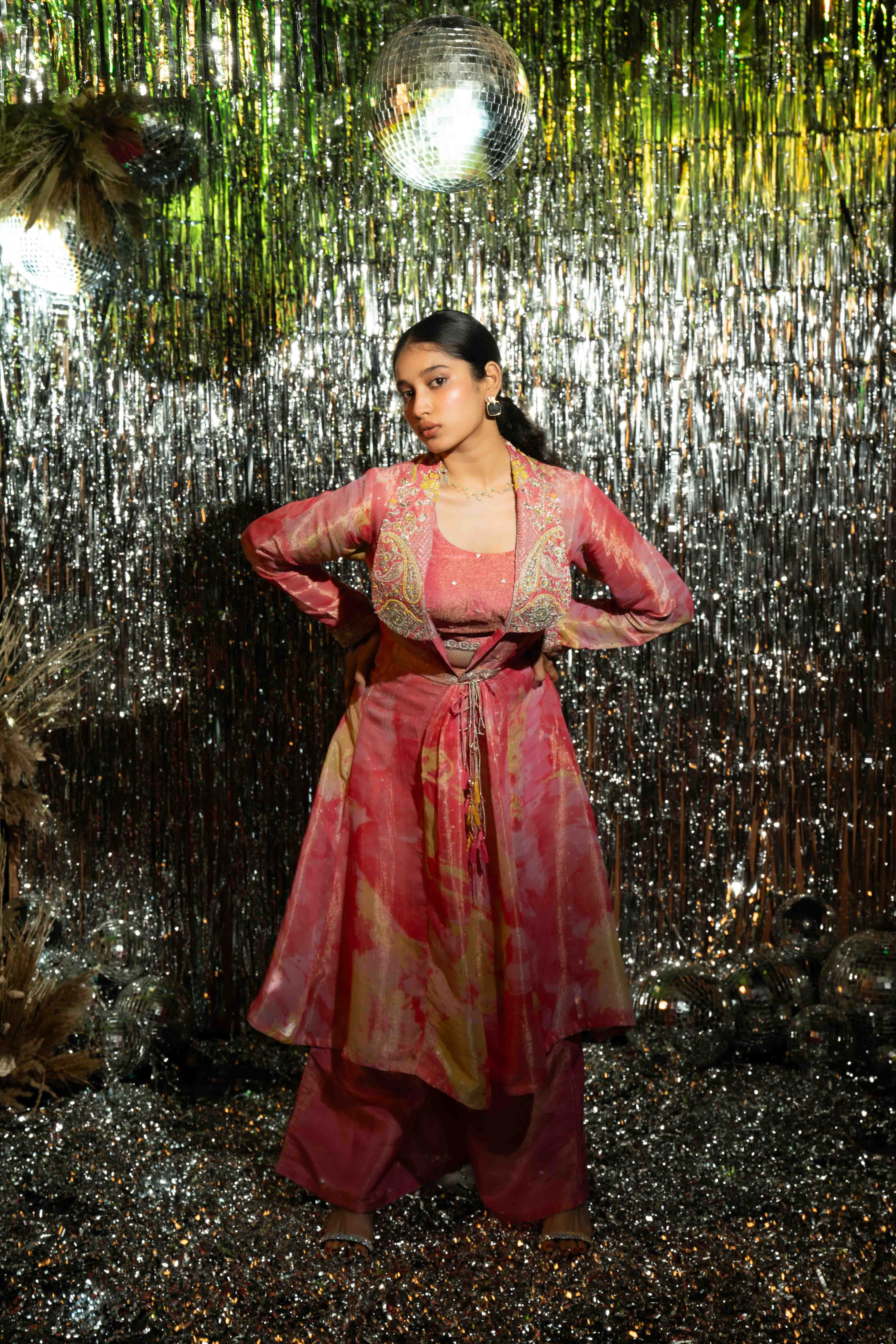 Pink Printed Tissue Indo Wesrern Jacket set for Women