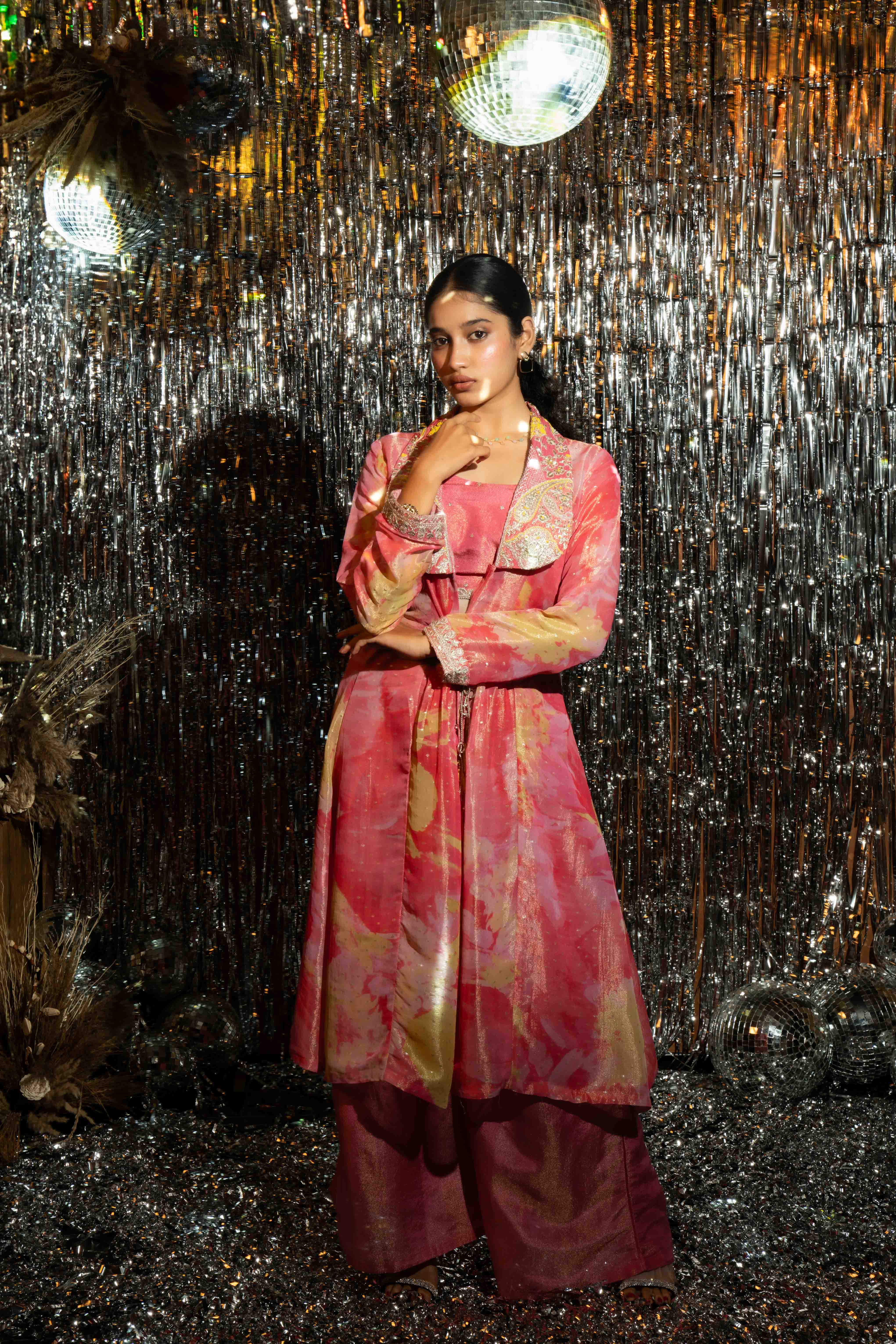 Pink Printed Tissue Indo Wesrern Jacket set for Women