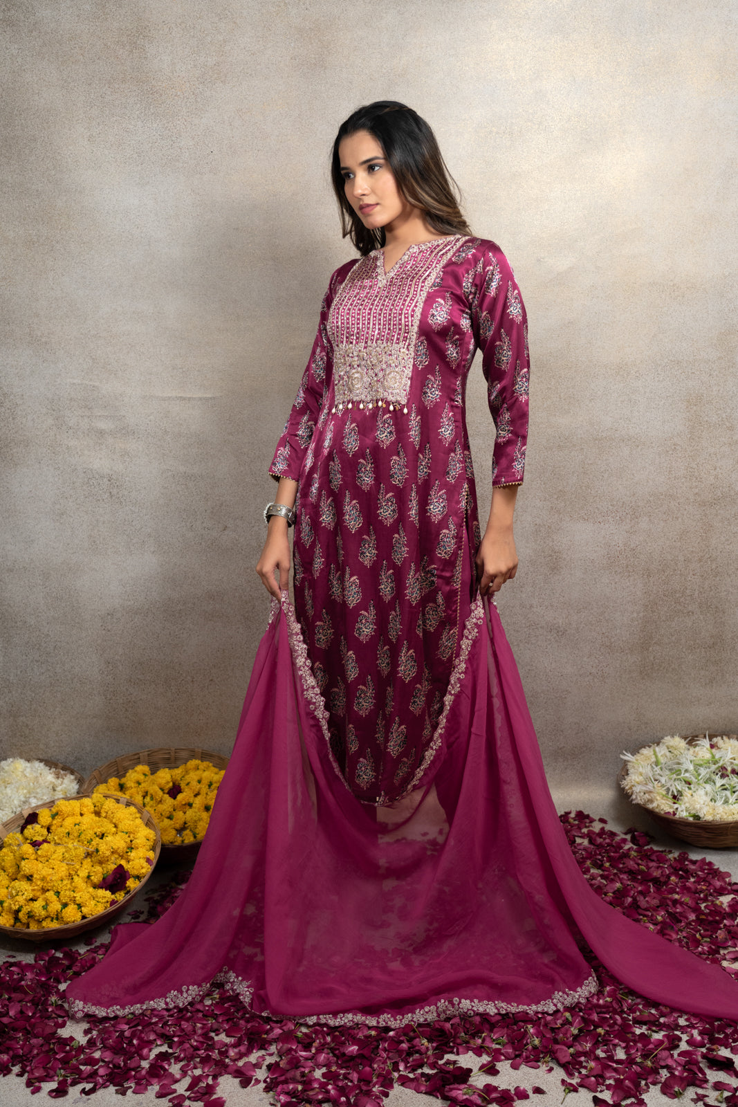 Rani Gajji Silk Straight Fit Kurti Set with Dupatta