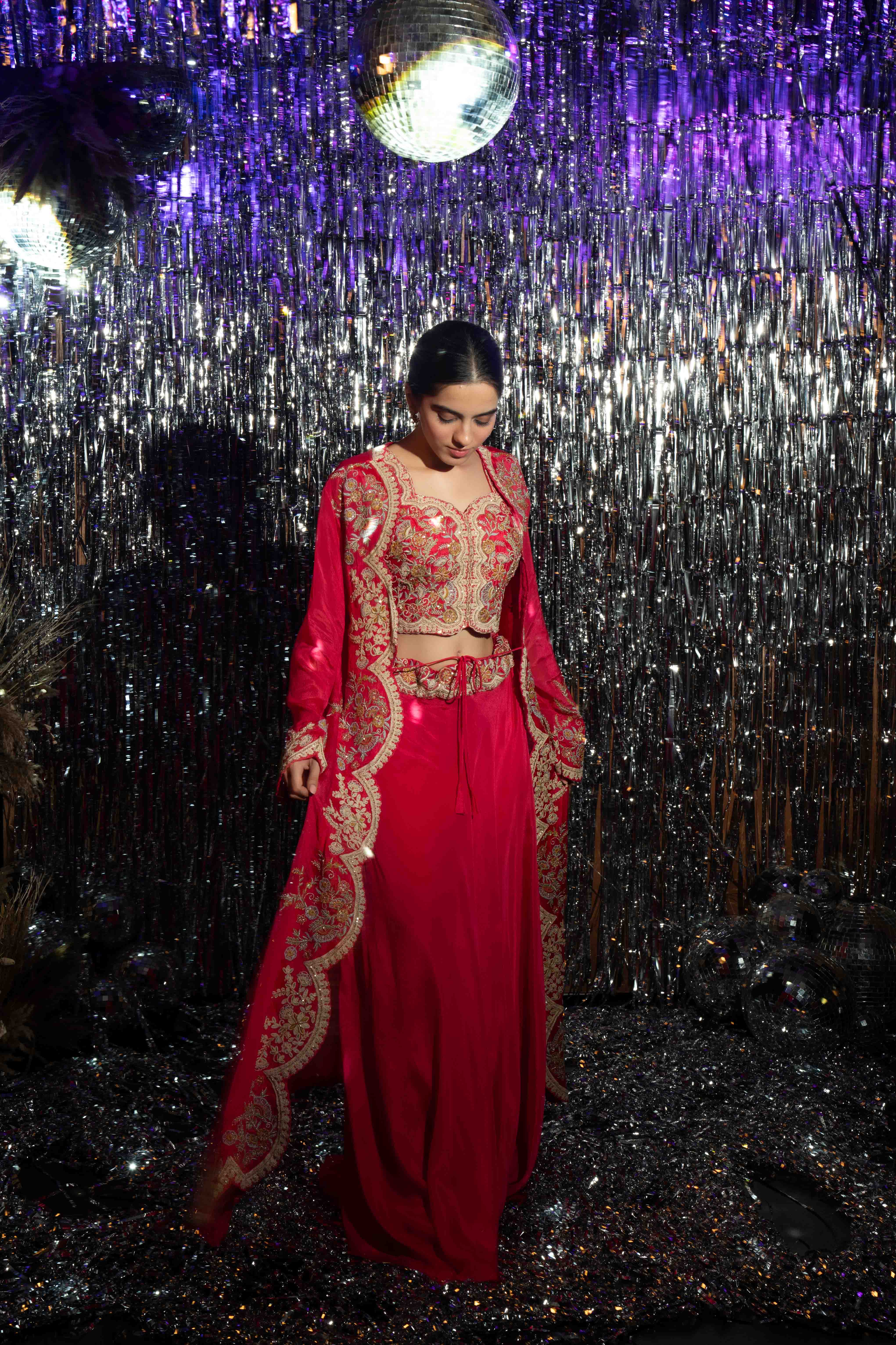 Red Party Wear Jacket Set Indo Western for Women