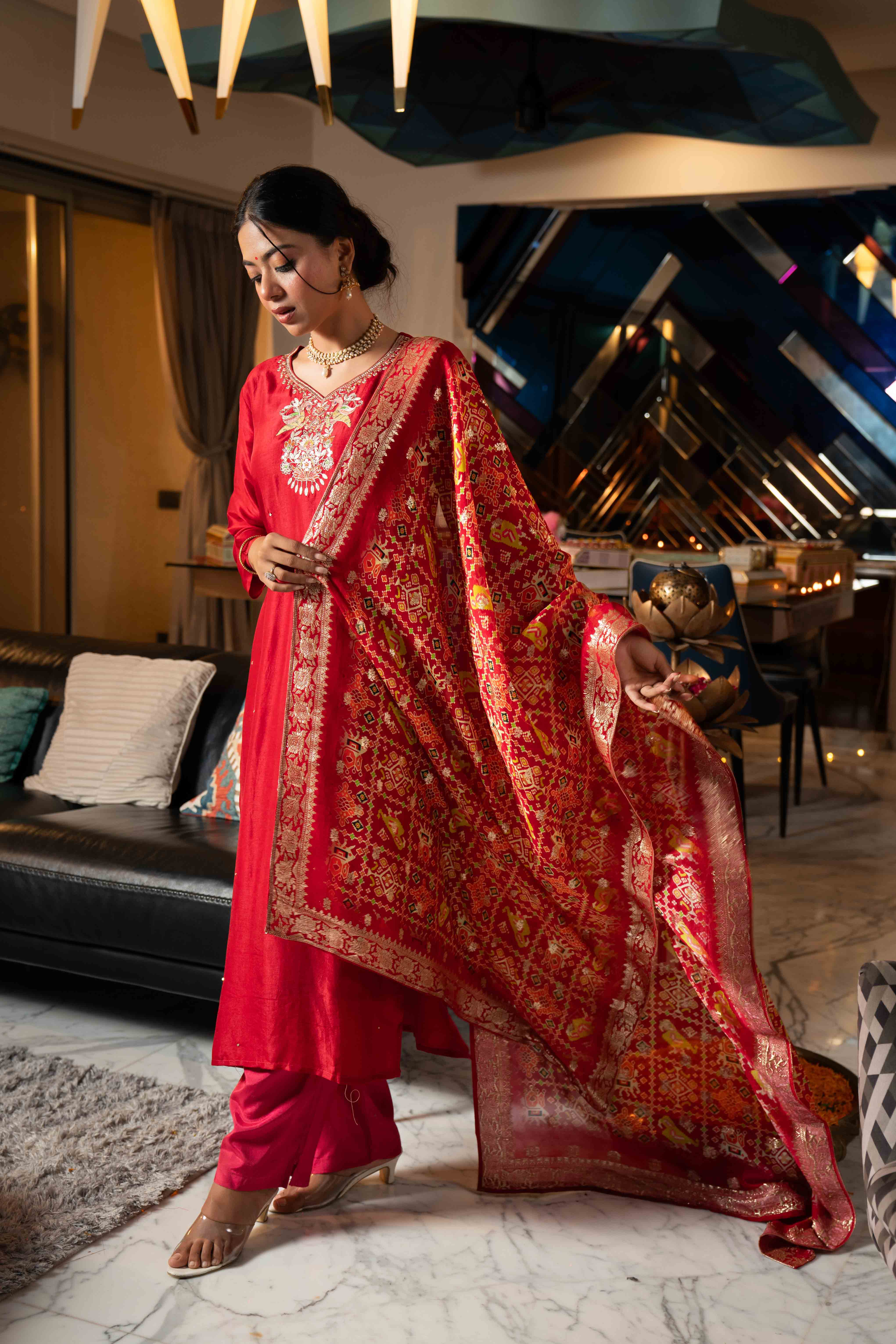 Red Patola Festive Wear Kurti Set with Dupatta