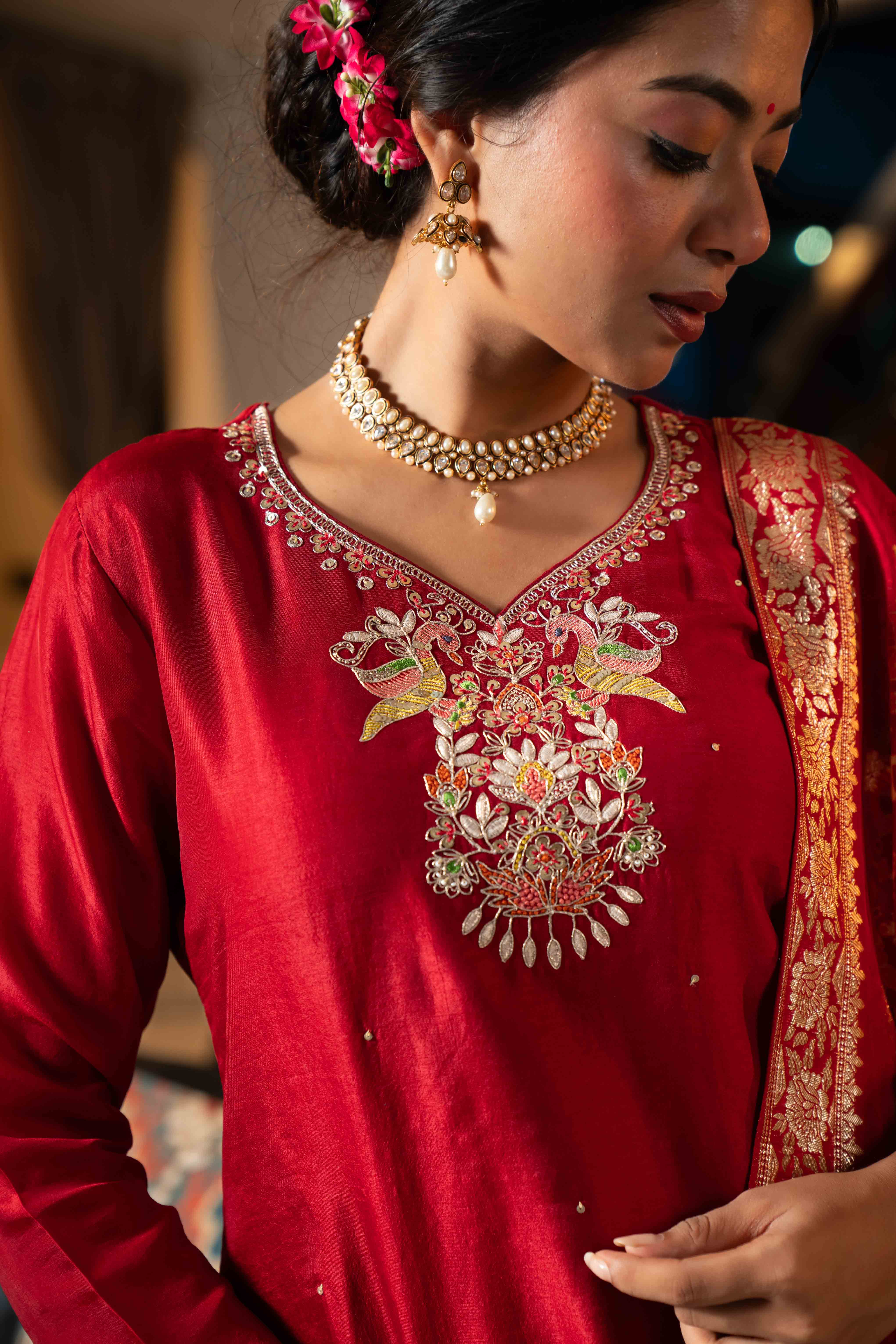 Red Patola Festive Wear Kurti Set with Dupatta