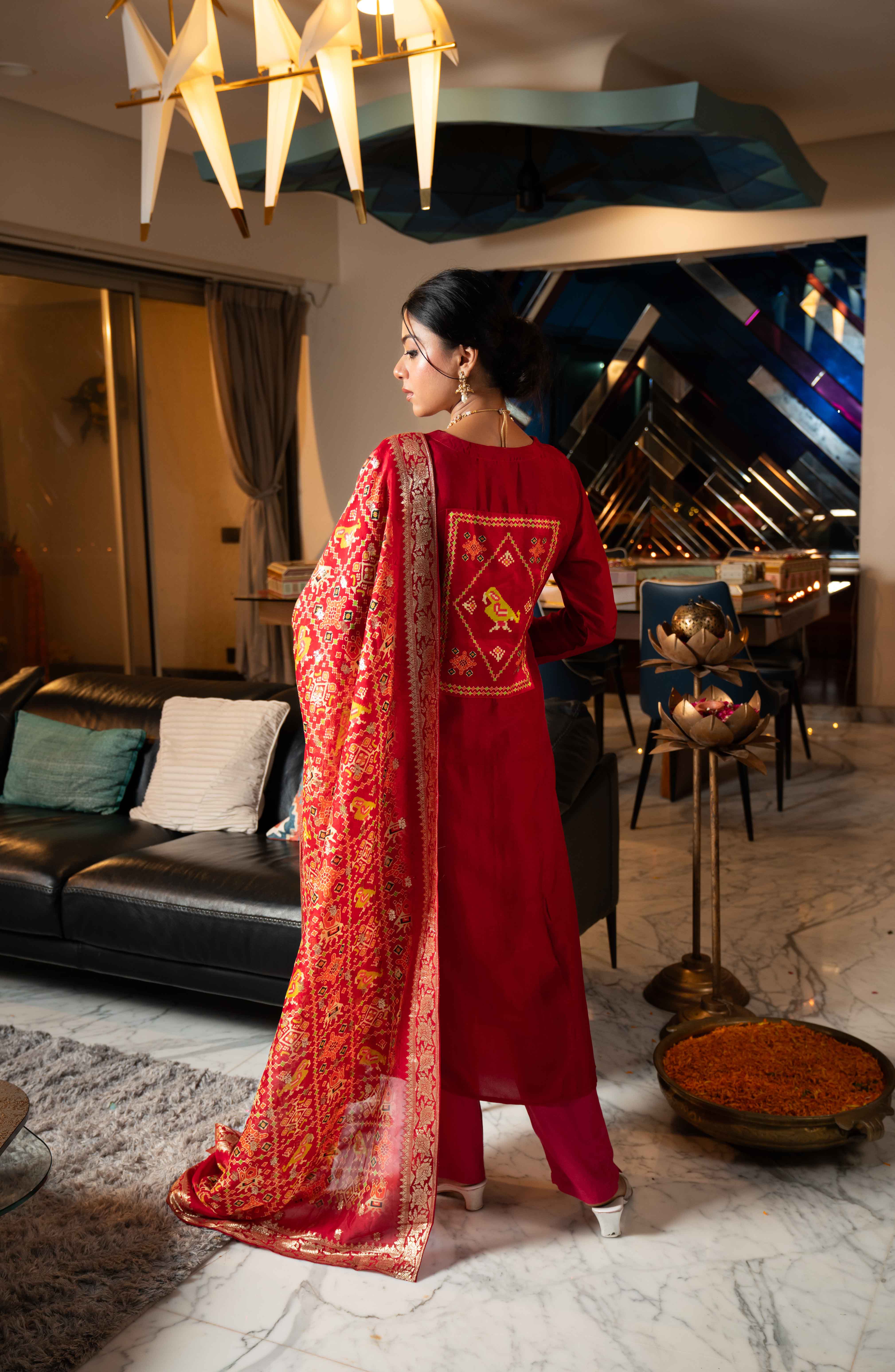 Red Patola Festive Wear Kurti Set with Dupatta