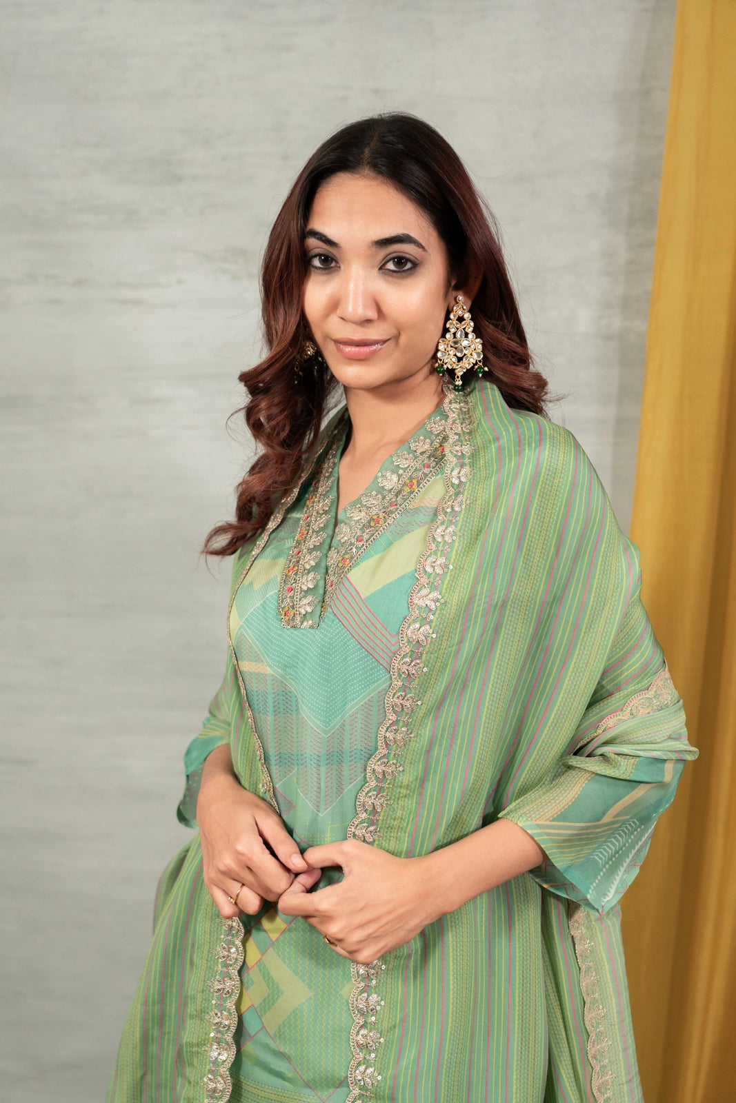 Side drape and silhouette of green salwar suit — Green Salwar Suit