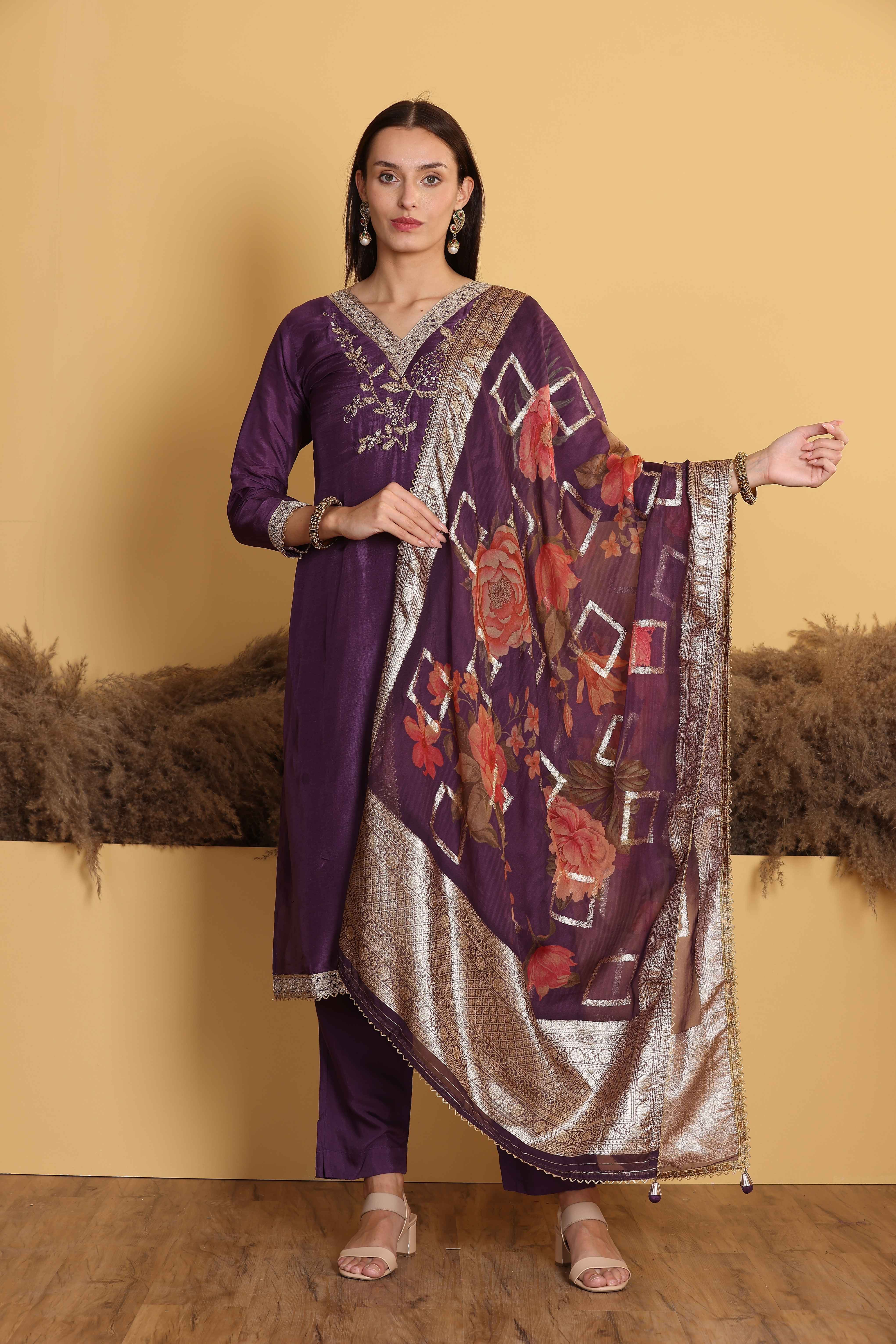 Violet Russian Silk Kurti Set with Dupatta and Hand-work on neck