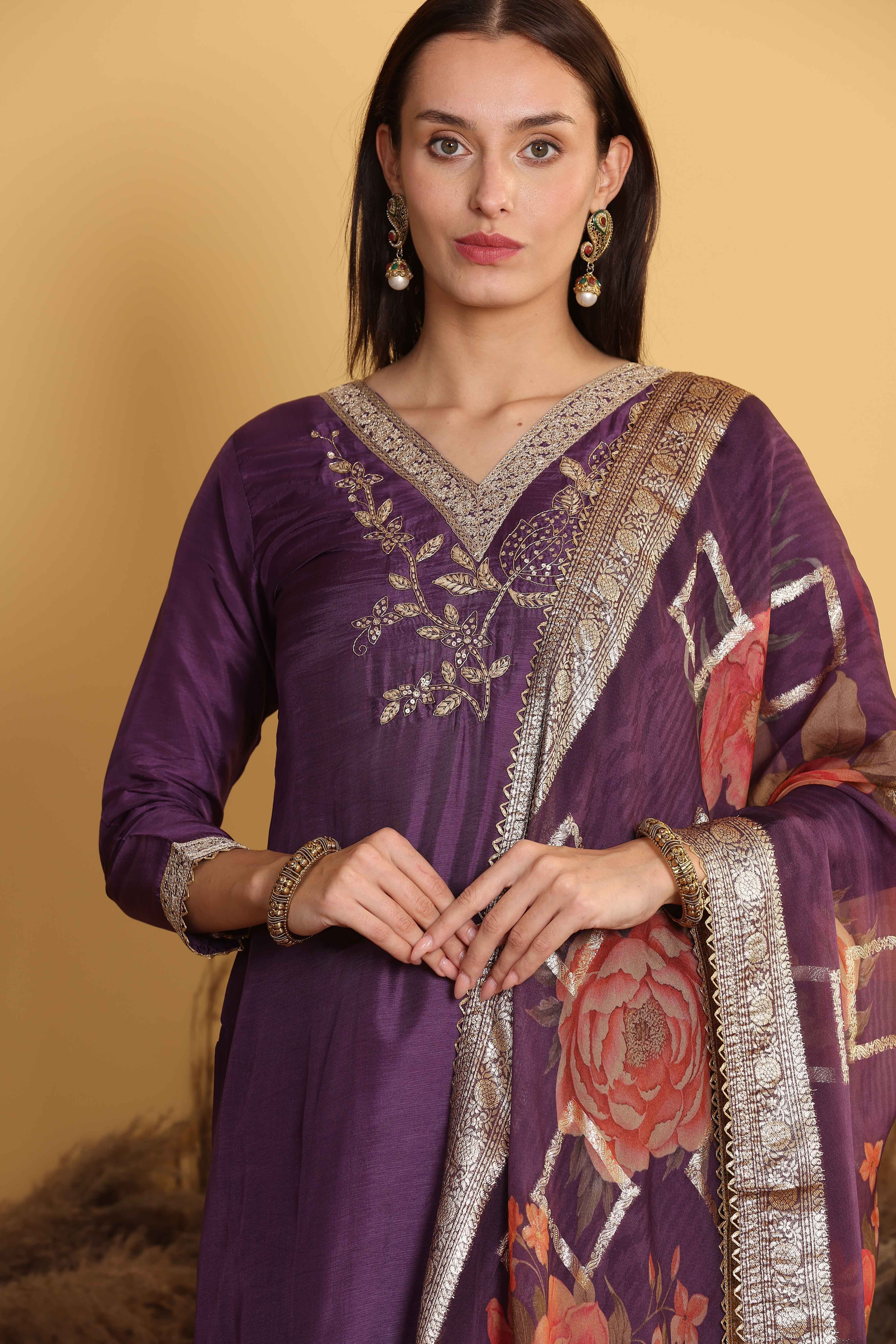Violet Russian Silk Kurti Set with Dupatta and Hand-work on neck