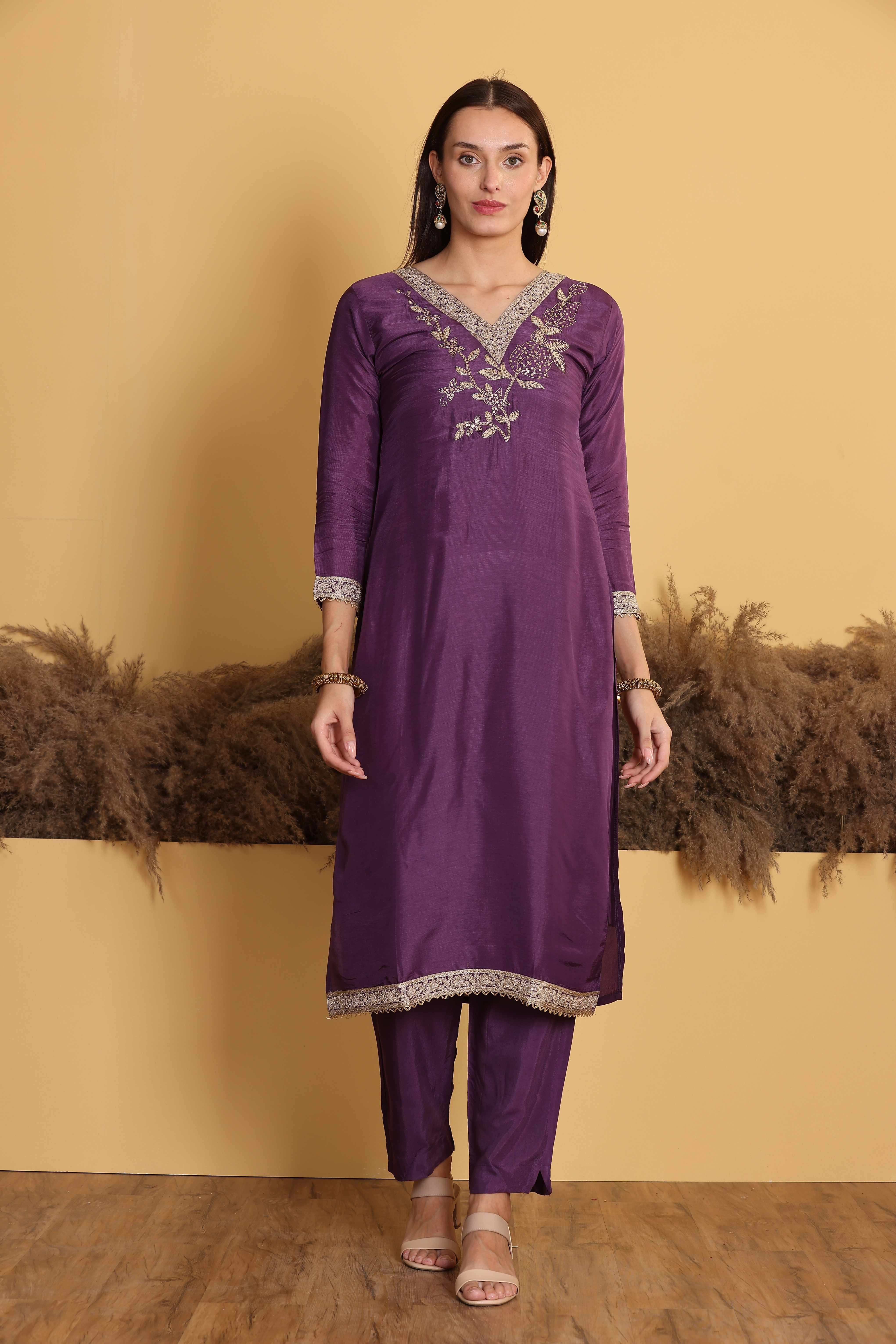 Violet Russian Silk Kurti Set with Dupatta and Hand-work on neck