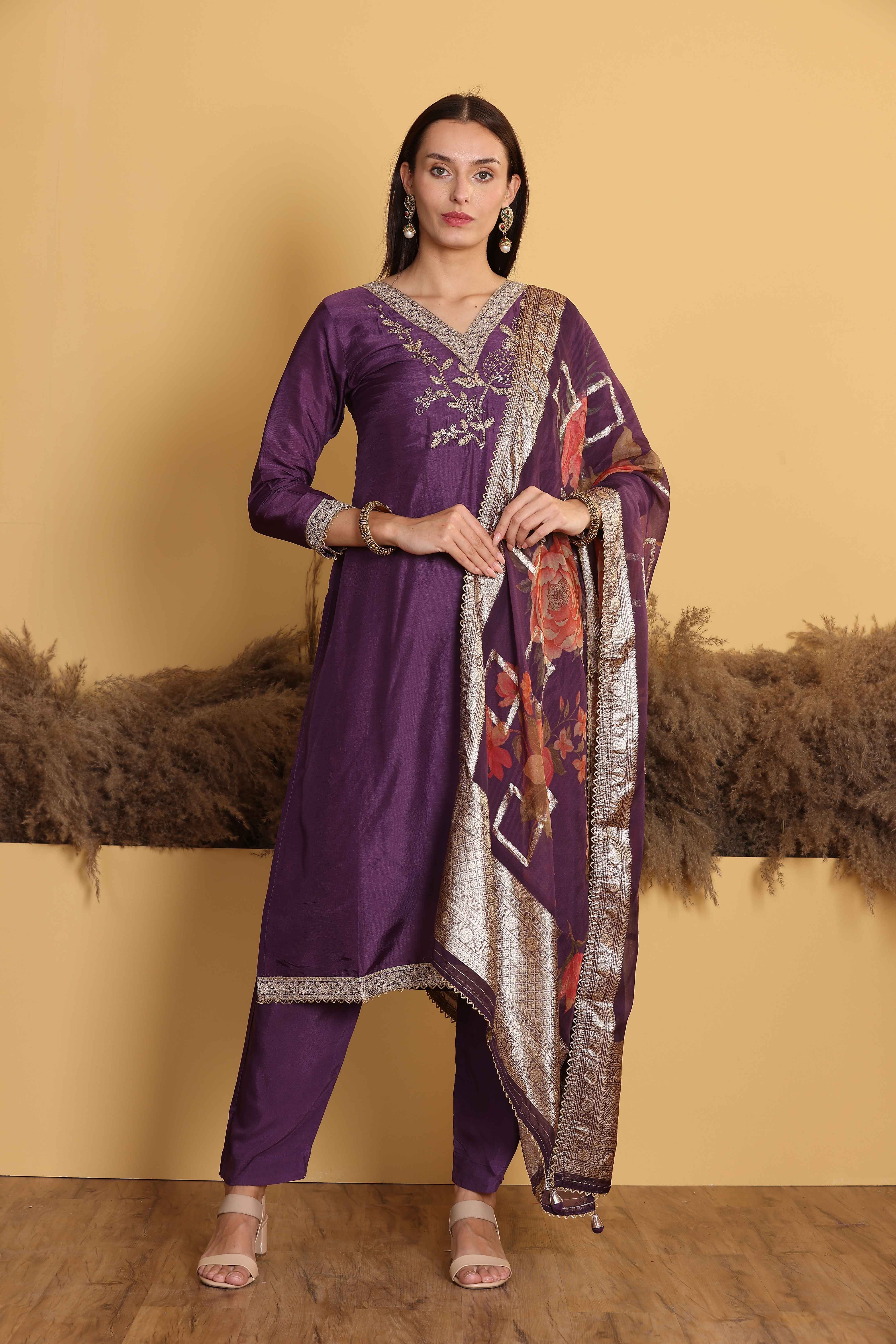 Violet Russian Silk Kurti Set with Dupatta and Hand-work on neck