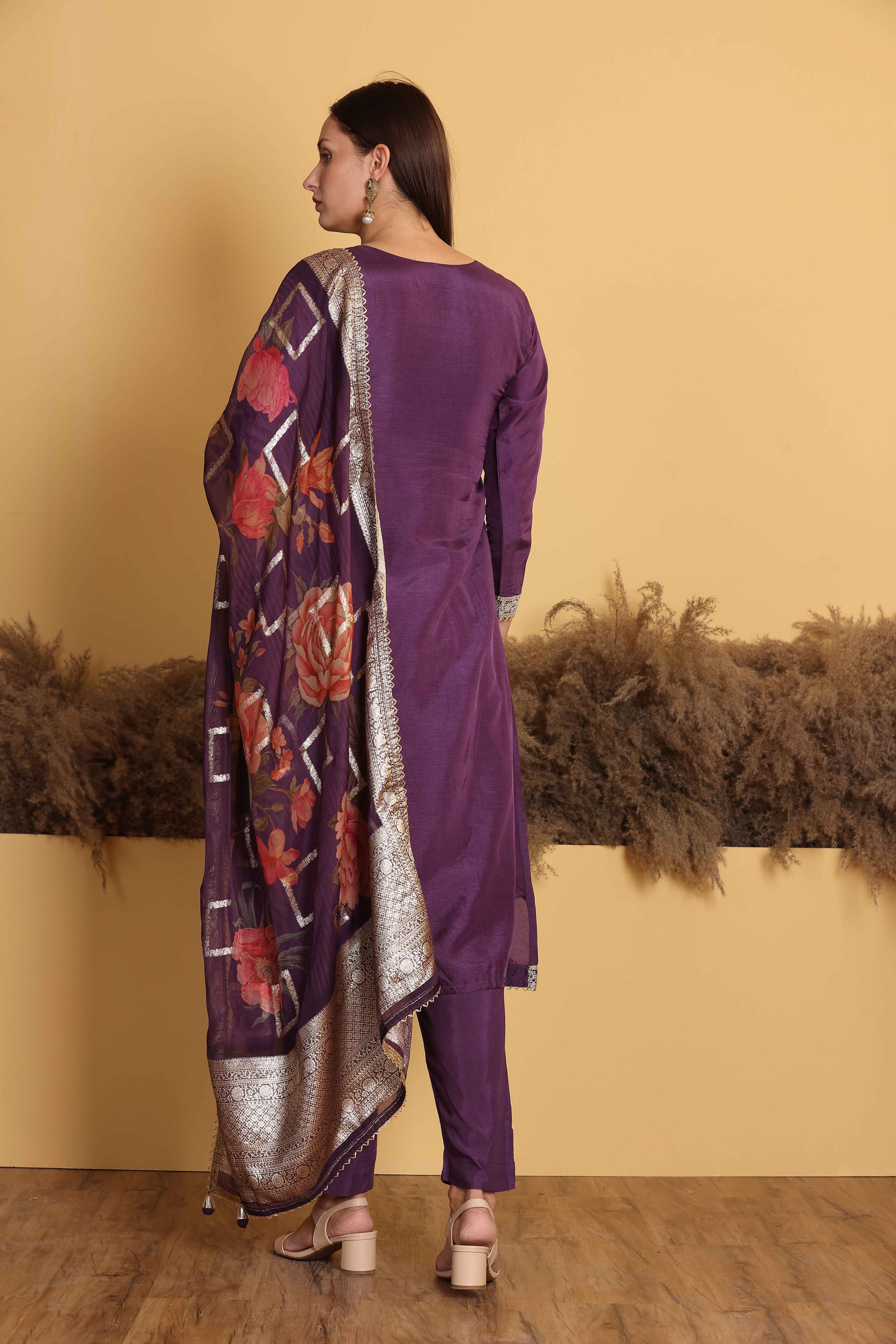 Violet Russian Silk Kurti Set with Dupatta and Hand-work on neck