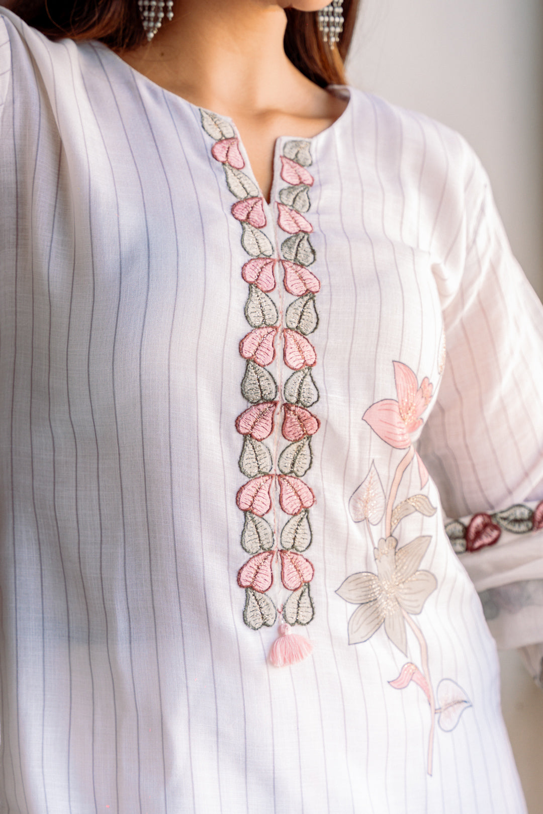 White Linen Embroided Kurti set with Dupatta