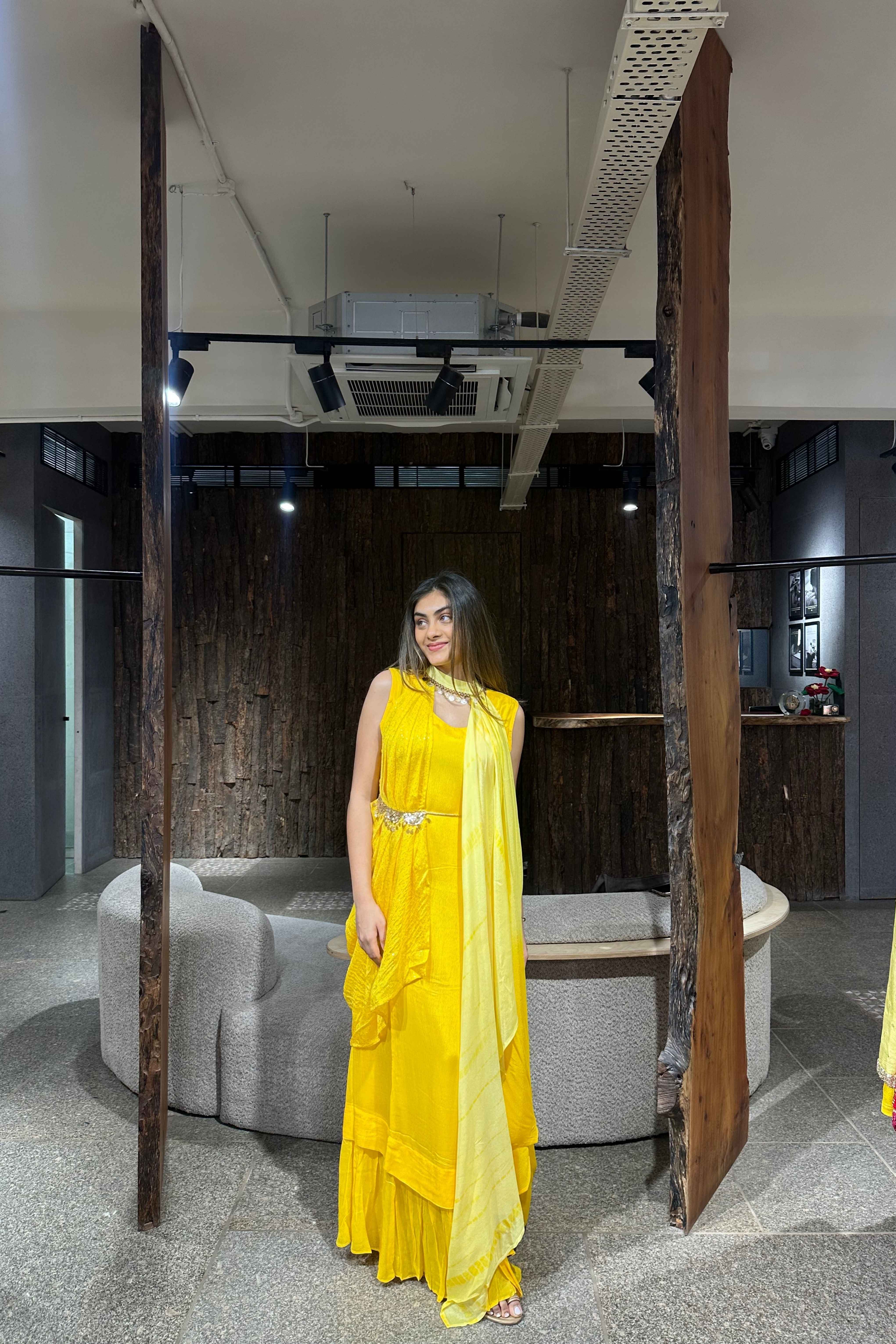 Yellow Assymetric Drape style Party wear Dress for Women