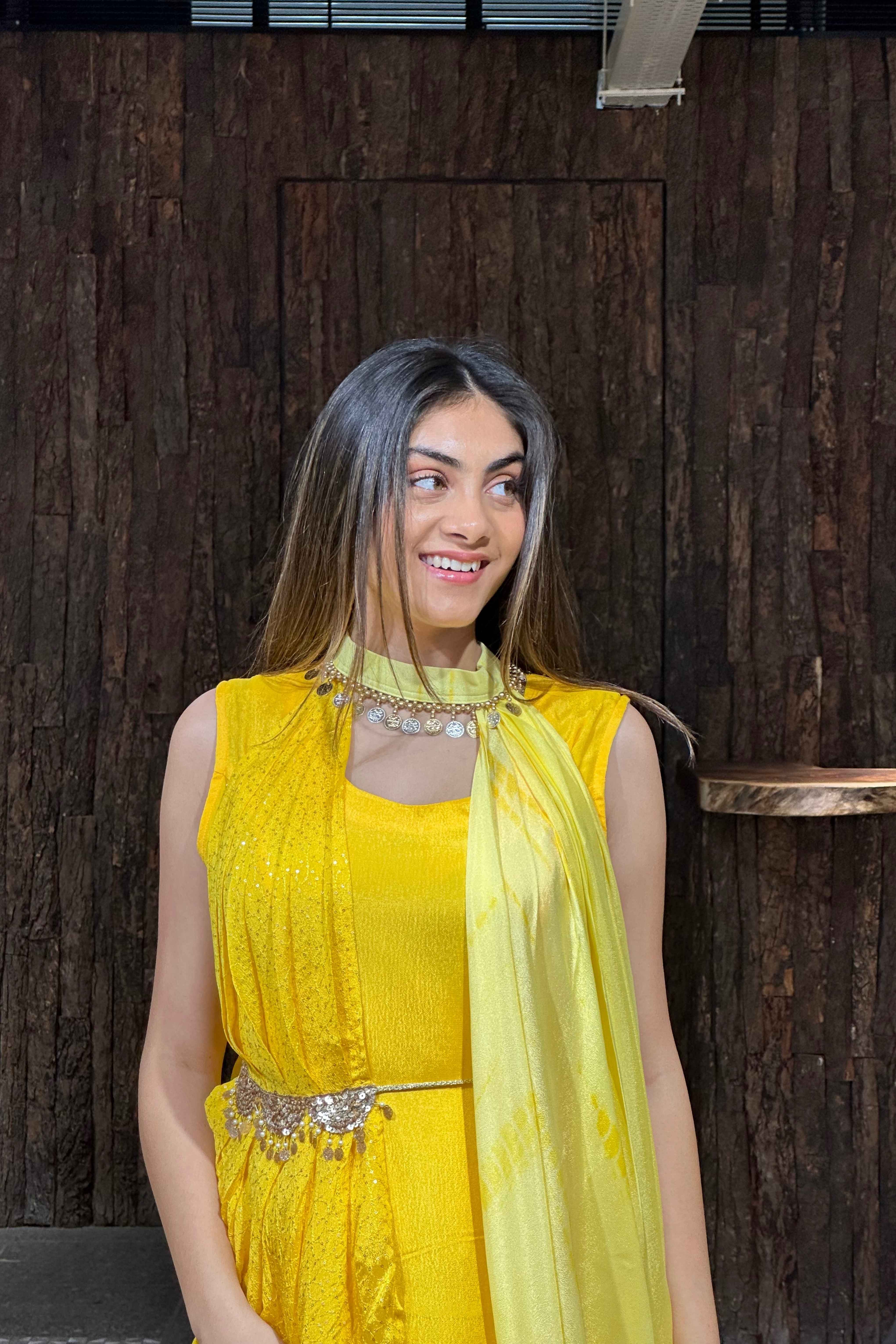 Yellow Assymetric Drape style Party wear Dress for Women