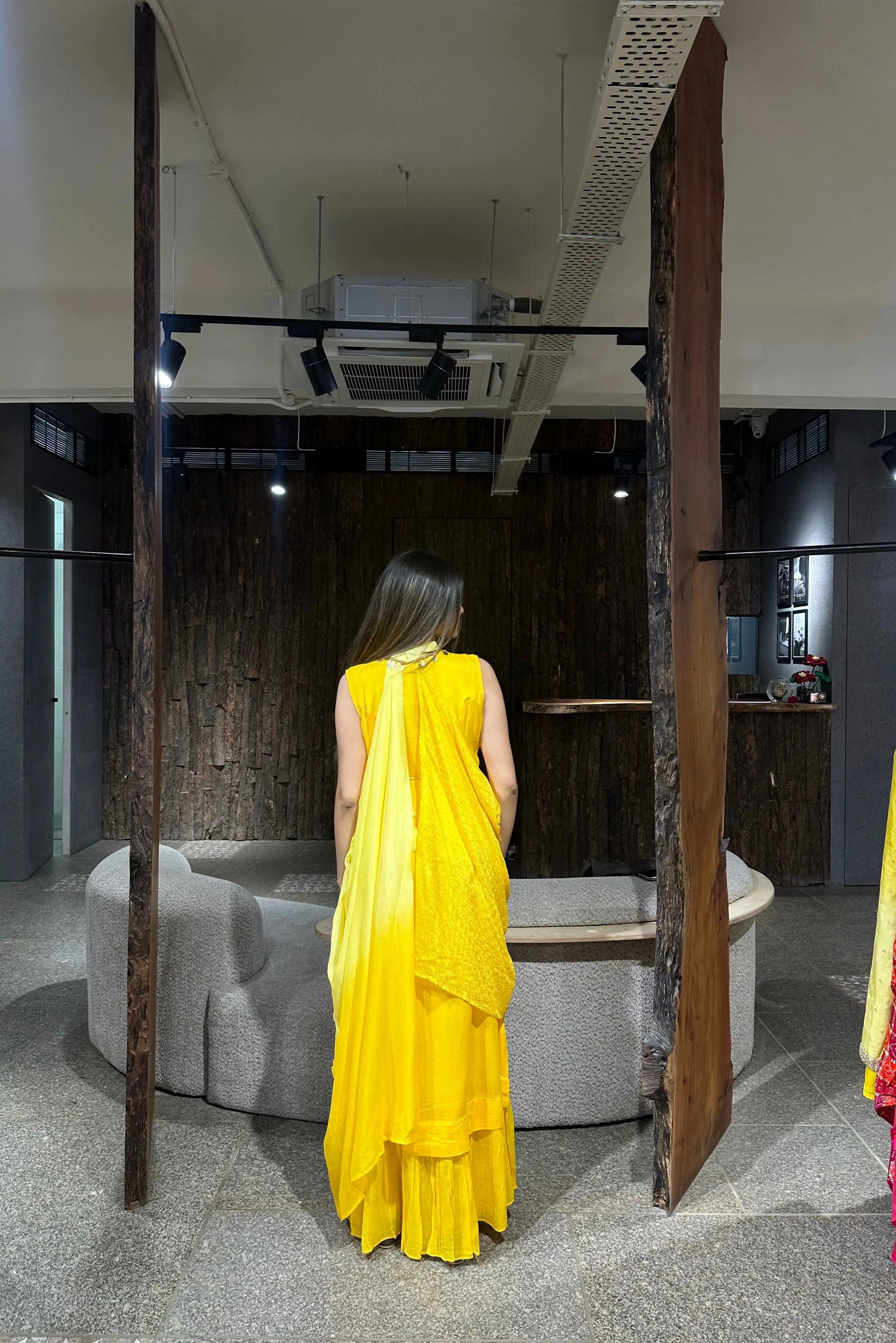 Side drape and silhouette of yellow indo western dress — Yellow Indo Western Dress