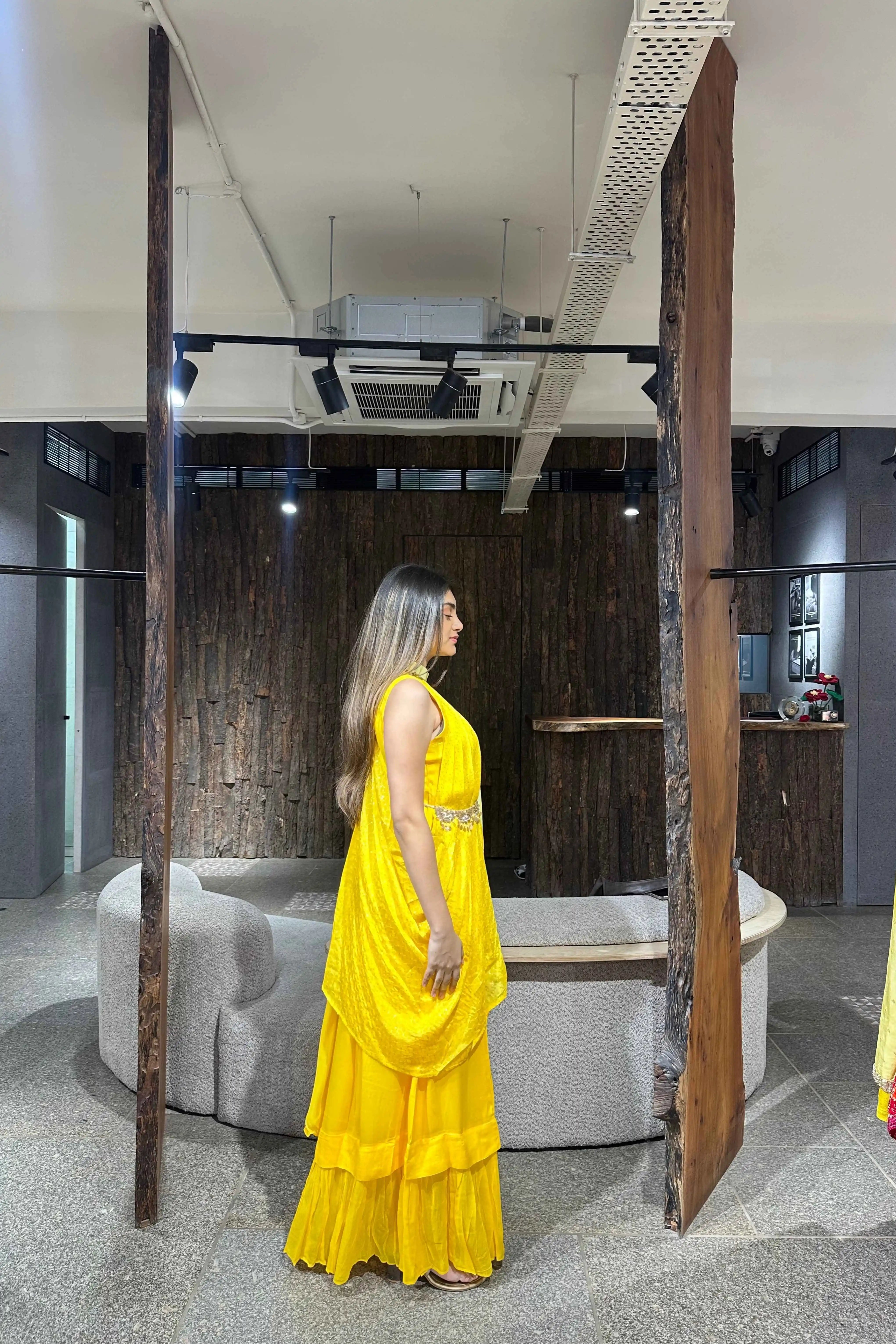 Fabric and fall detail in yellow indo western dress — Yellow Indo Western Dress
