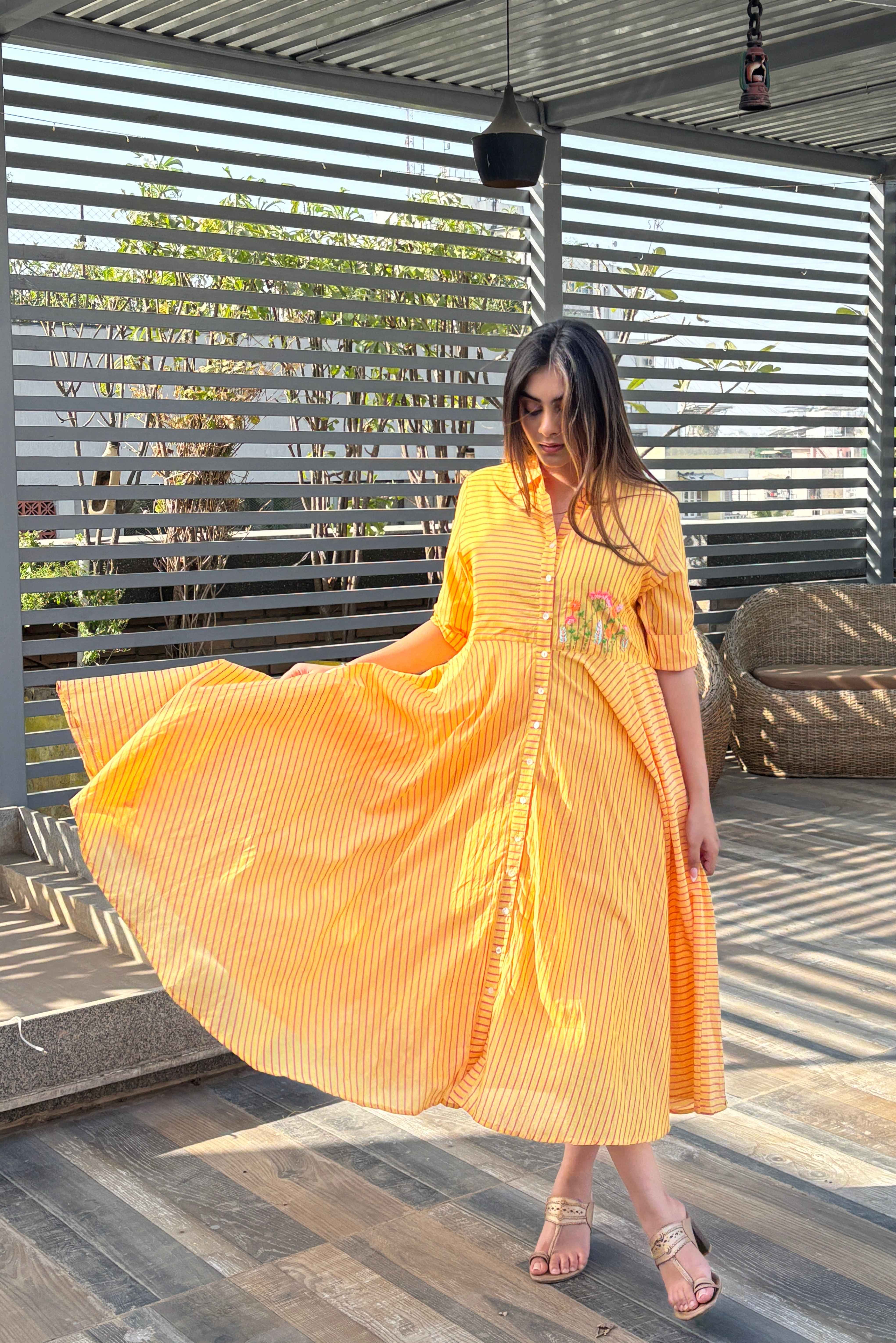 Yellow Striped Summer wear Cotton Dress for Women