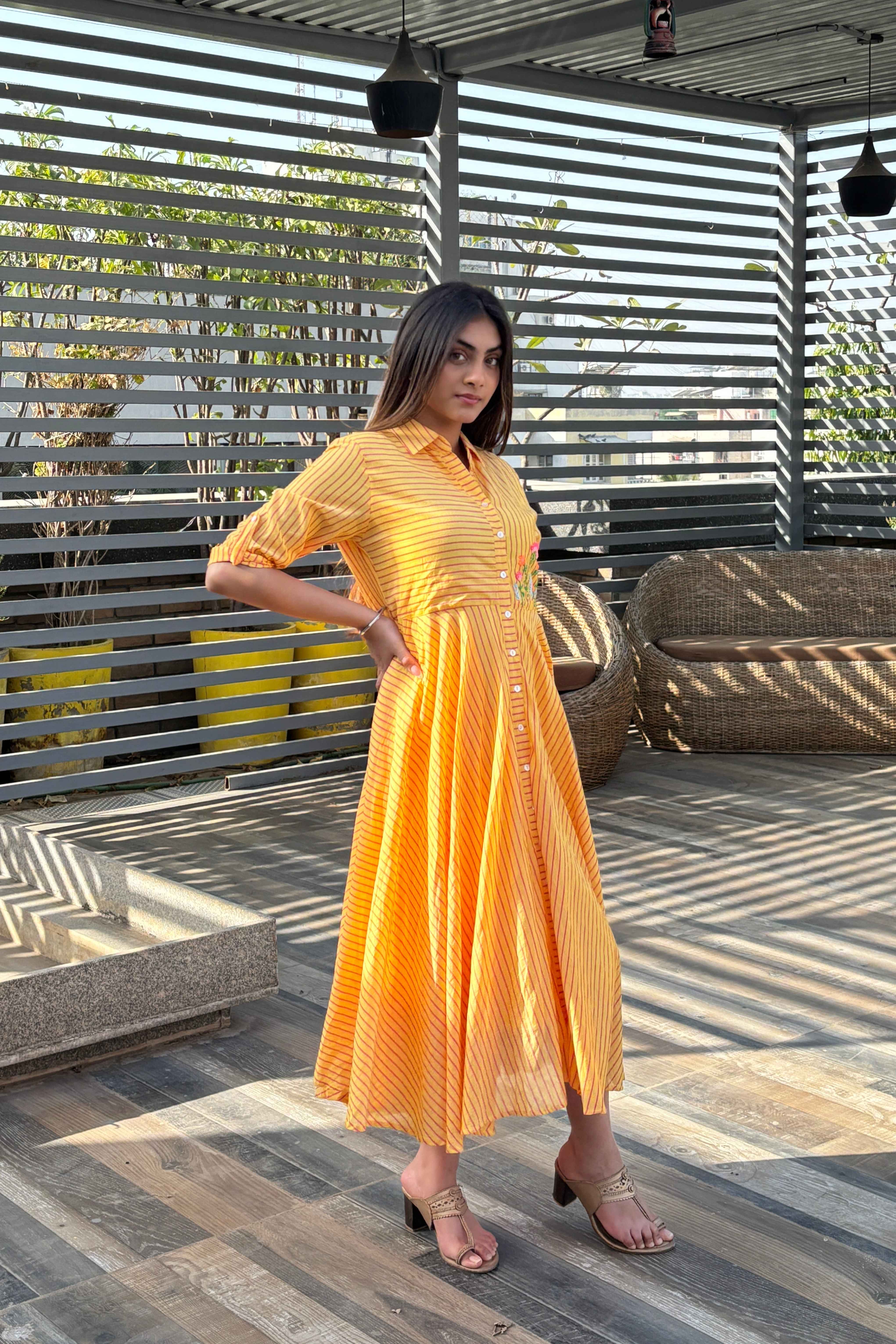 Yellow Striped Summer wear Cotton Dress for Women