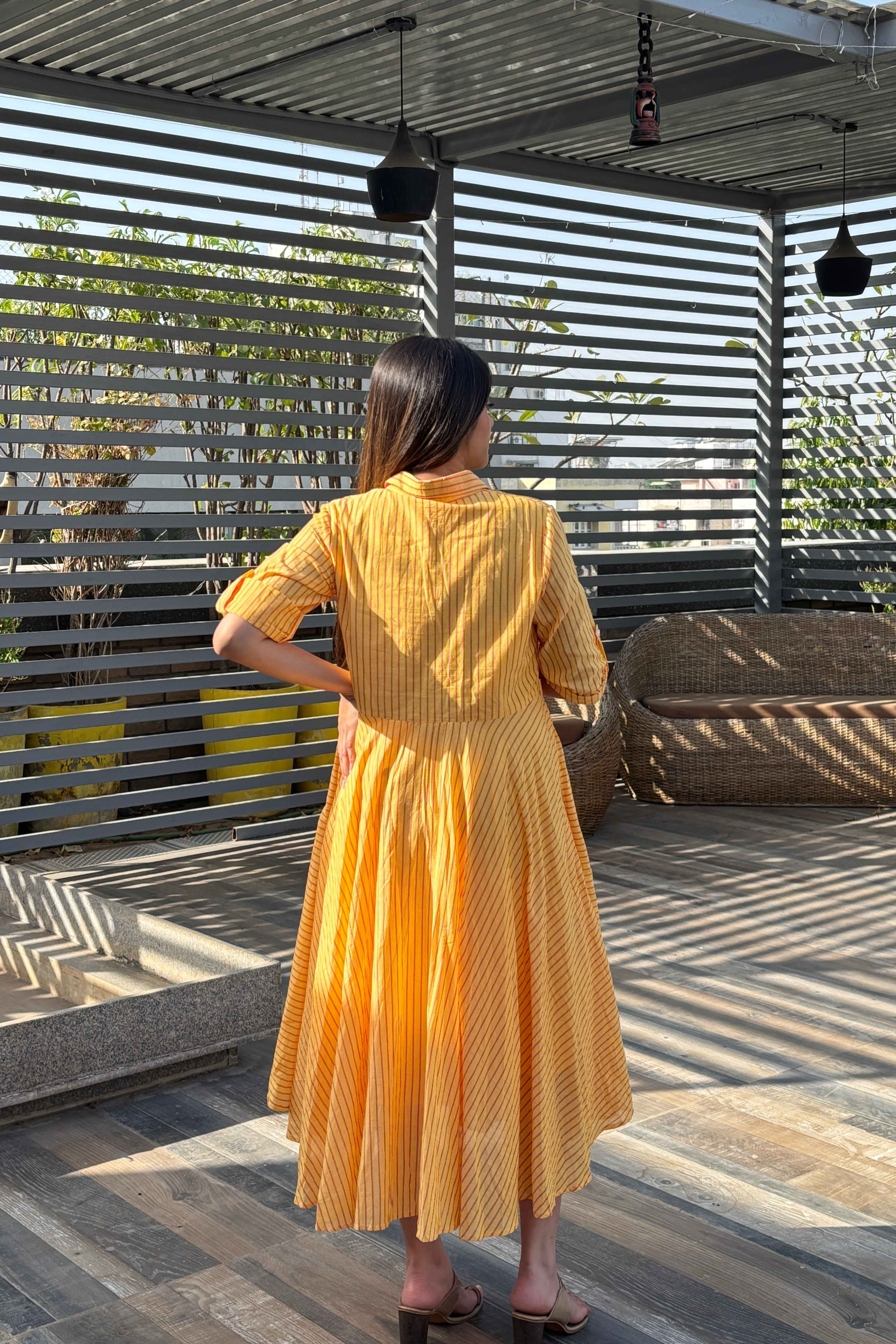 Yellow Striped Summer wear Cotton Dress for Women