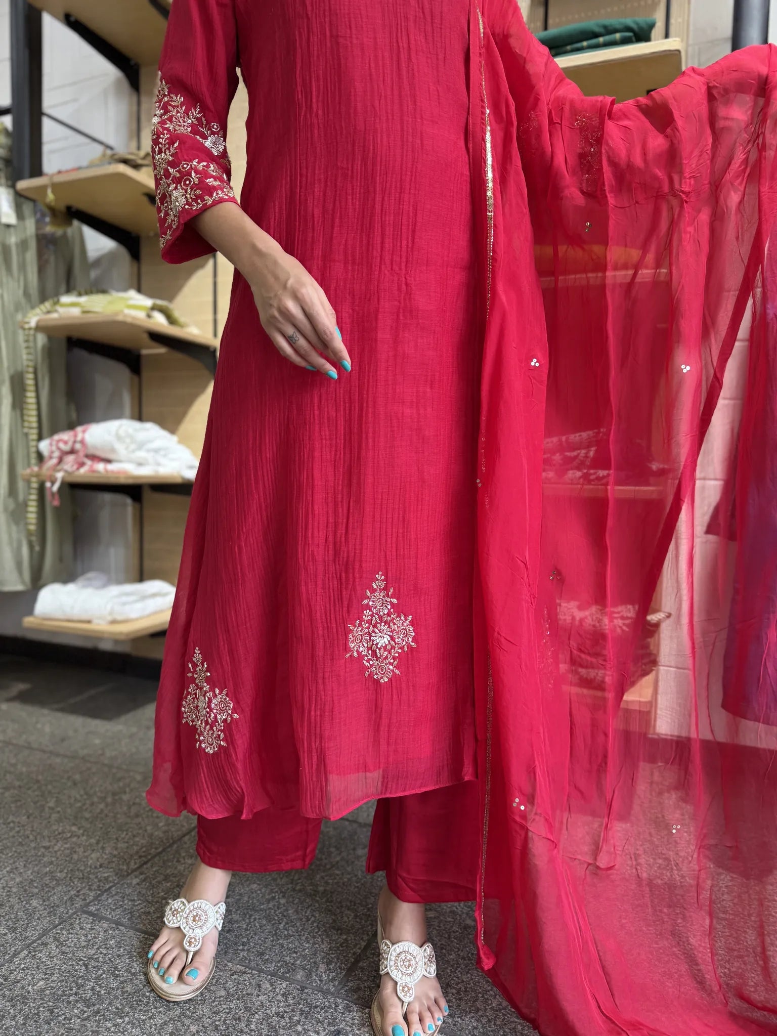 Anarkali Style A-Line Mul Chanderi Kurta Set