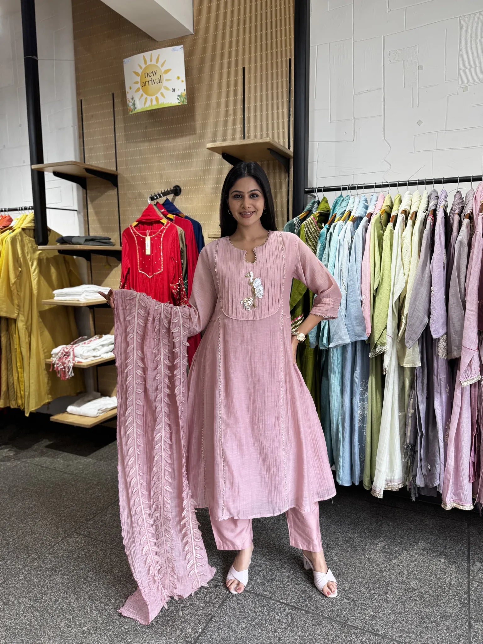 Baby Pink A-Line Kurta Pant Set with Dupatta