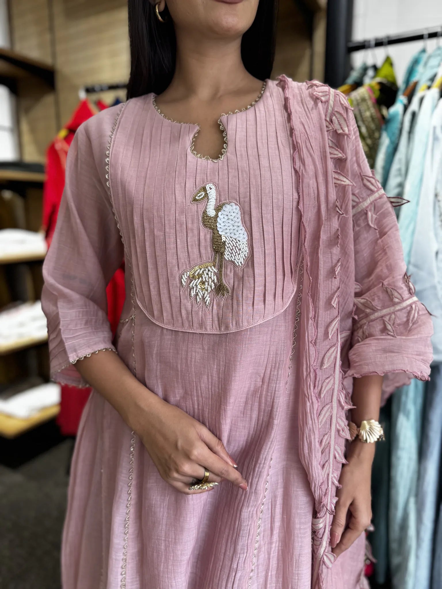 Baby Pink A-Line Kurta Pant Set with Dupatta