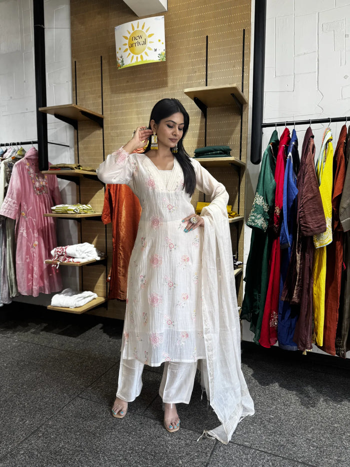 Baby Pink A-Line Kurta Set with Mul Chanderi Dupatta