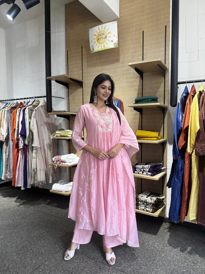 Baby Pink Mul Chanderi A-Line Kurta Set with Dupatta