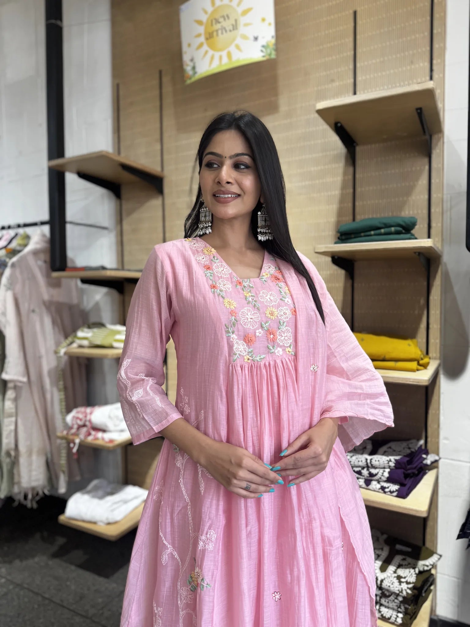 Baby Pink Mul Chanderi A-Line Kurta Set with Dupatta