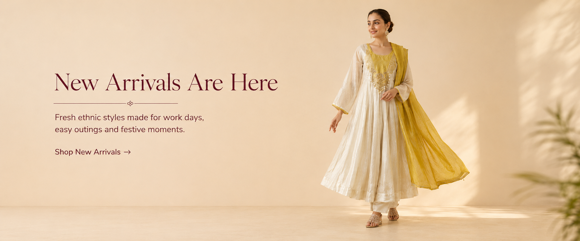 Woman in a traditional outfit with text about new arrivals on a beige background