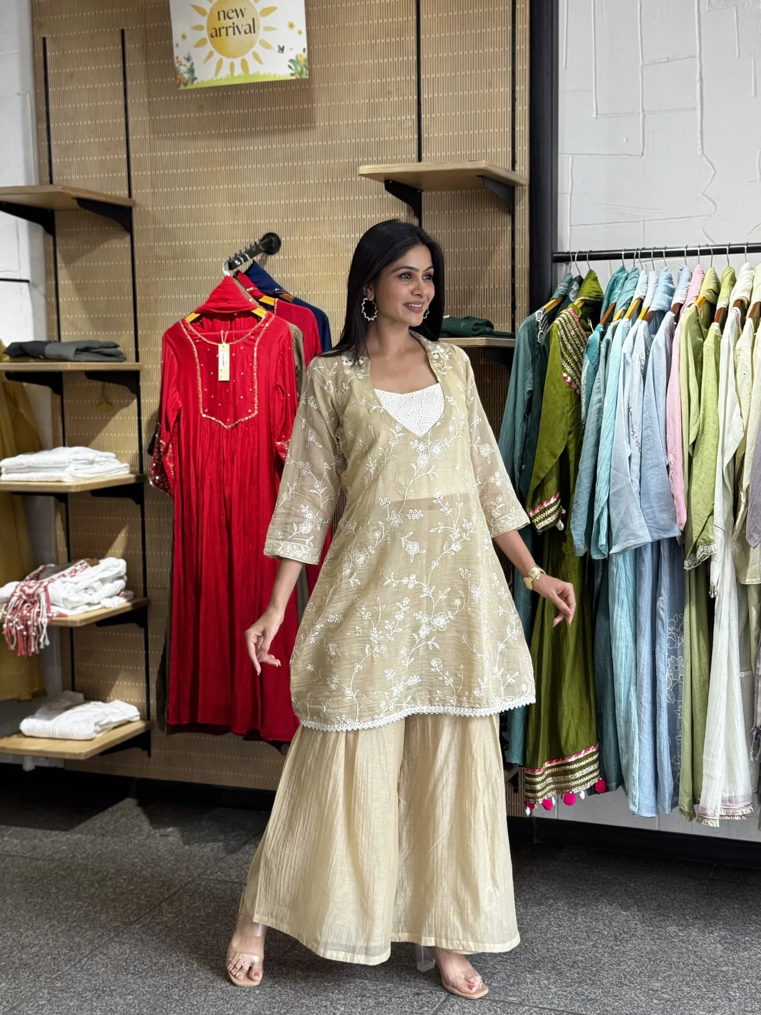 Beige Mul Chanderi A-Line Kurta Set with Dupatta
